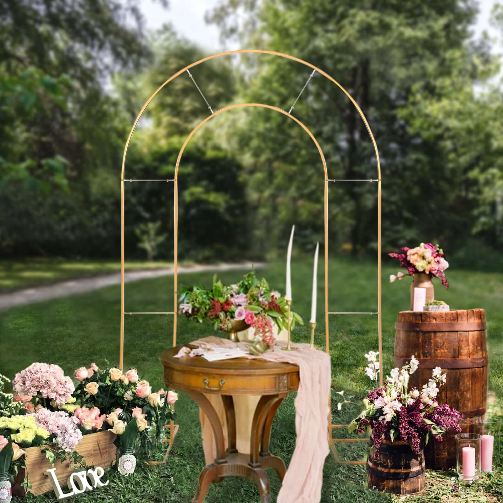 Hot Sale! 8ft Gold Metal Double Arch Wedding Arbor, Ideal for Ceremonies and Backdrops