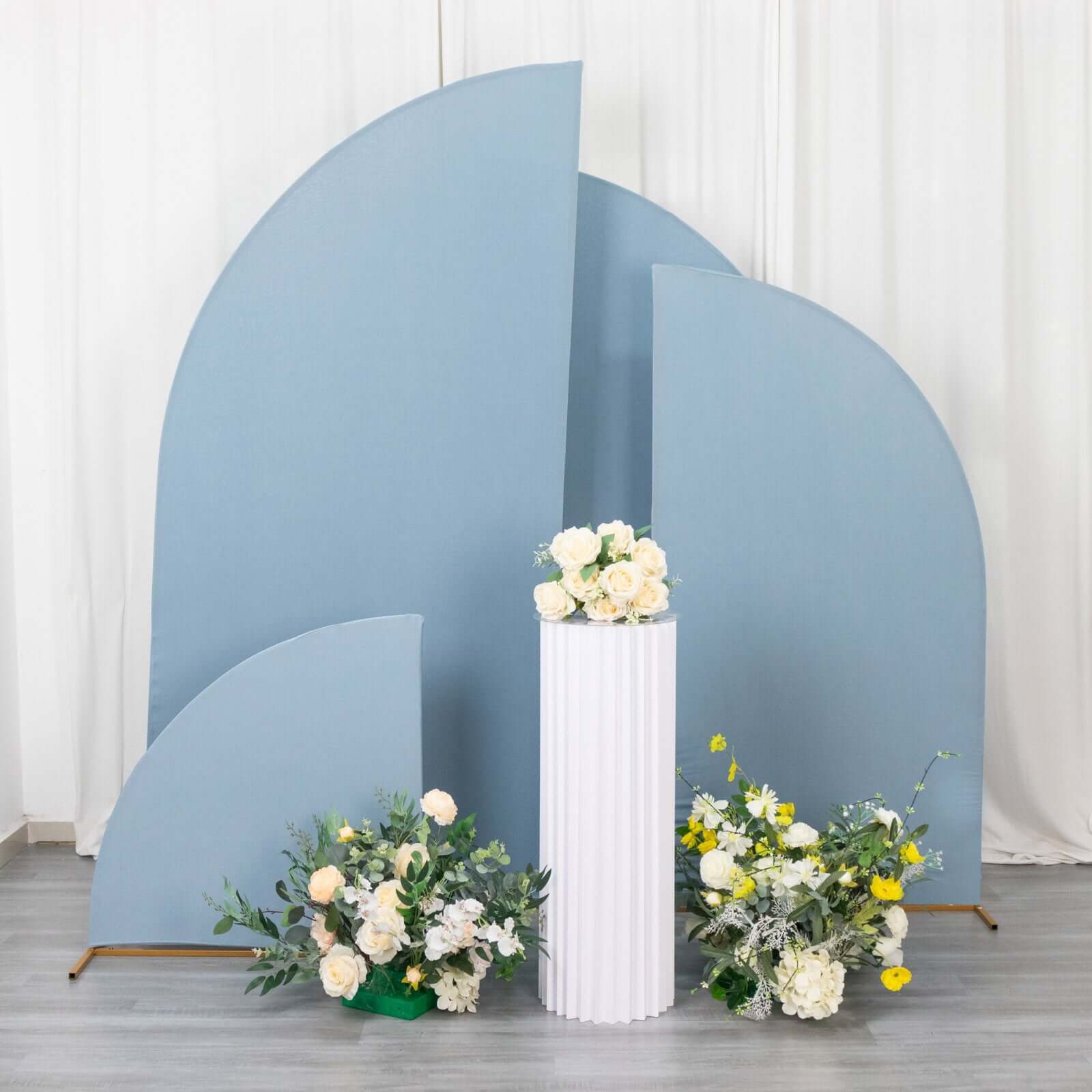 Customizable Set of 4 Matte Dusty Blue Spandex Half - Moon Wedding Arch Backdrop Covers in 4 Sizes