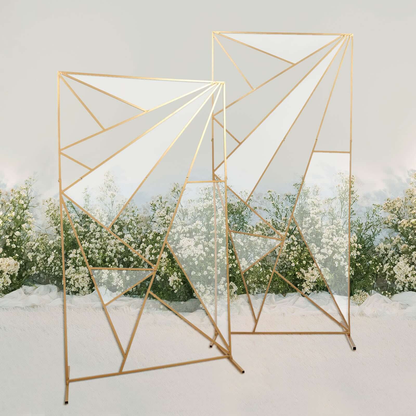 6ft Tall Gold Metal Rectangular Geometric Flower Frame for Wedding Backdrop with Cloudy Film Insert