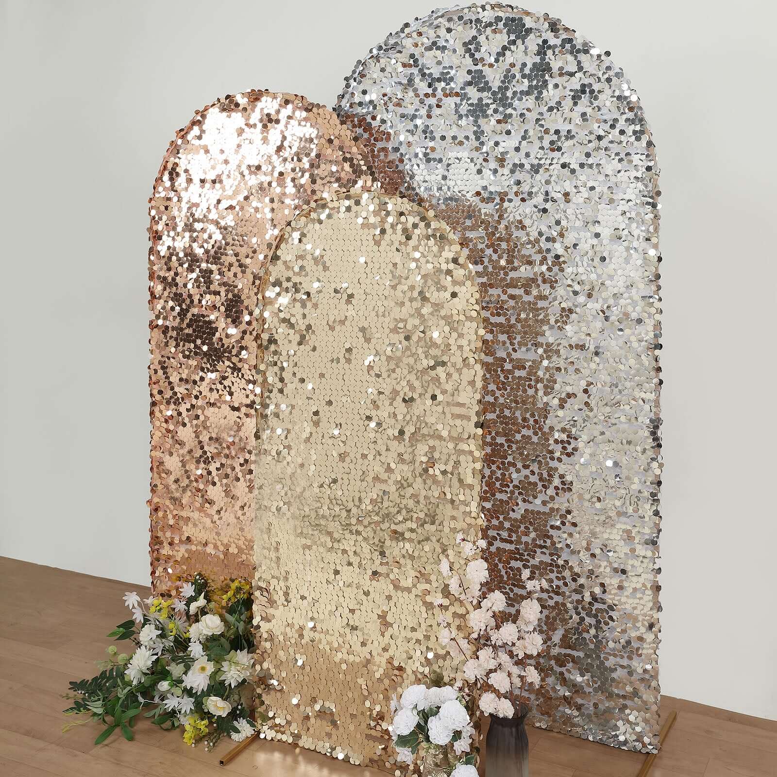 Get This 5ft Double-Sided Champagne Sparkly Sequin Cover for Your Round Top Wedding Arch