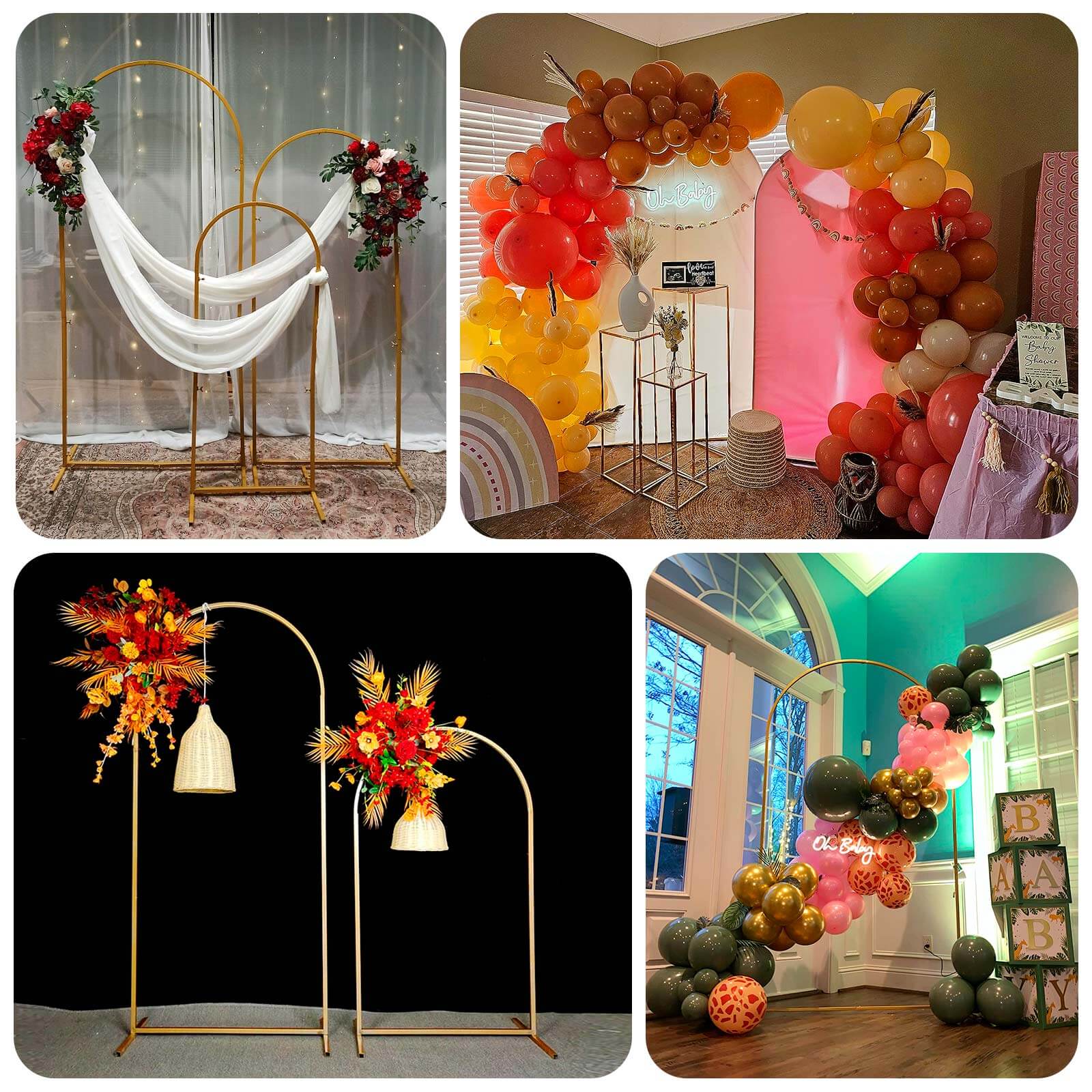 4-Piece Gold Metal Wedding Arch Backdrop Stand Set with Round Top for Floral Display