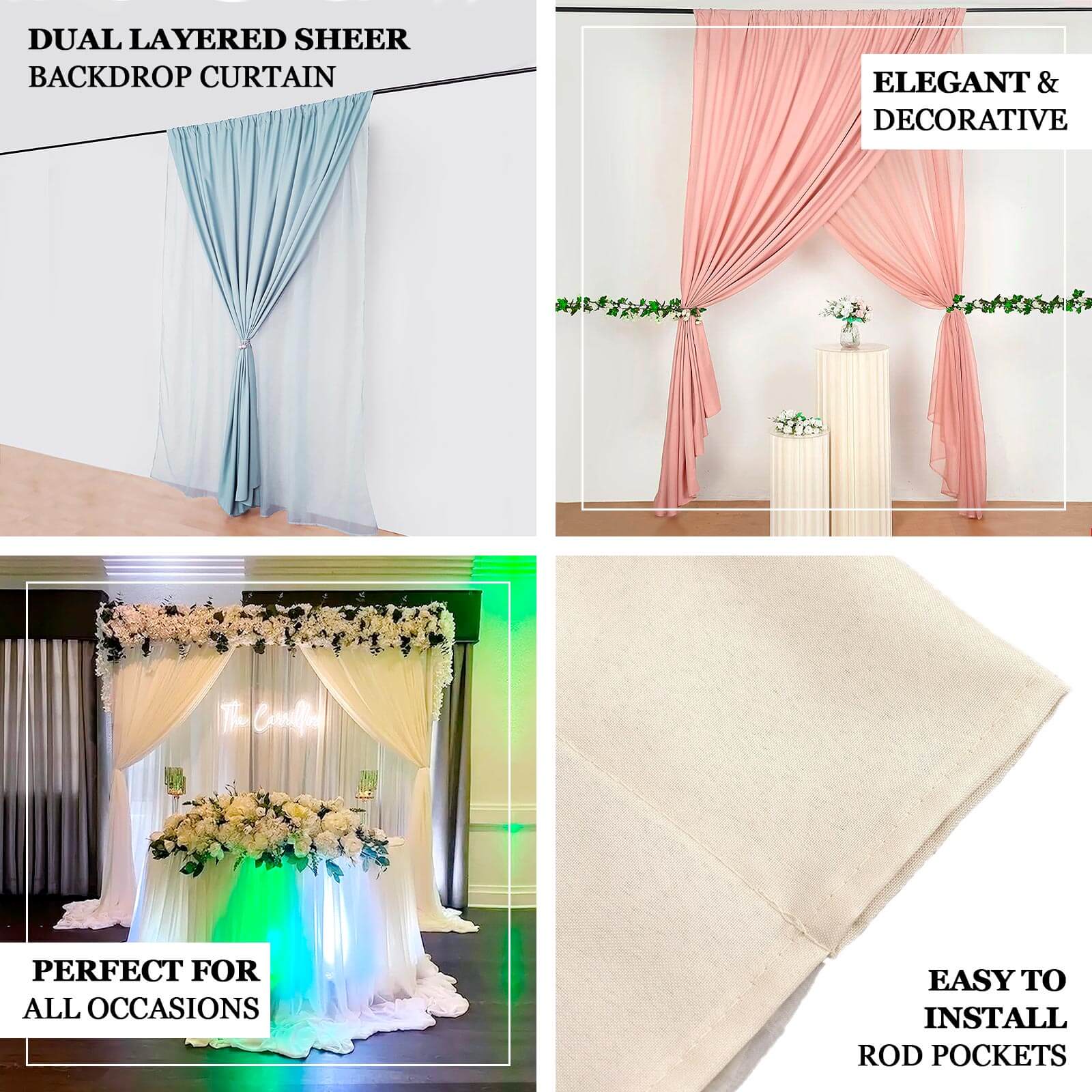 Hot Sale! 10ftx10ft Blush Dual - Layer Chiffon & Polyester Event Curtain Drapes with Rod Pockets