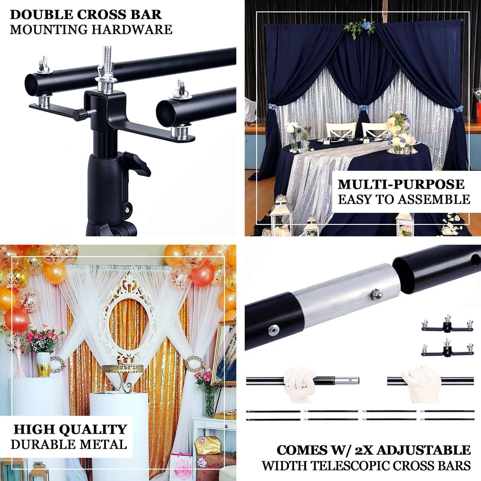 10ft DIY Adjustable Triple Crossbar Kit with Mounting Brackets for Backdrop Stands - Ideal for Studio Use