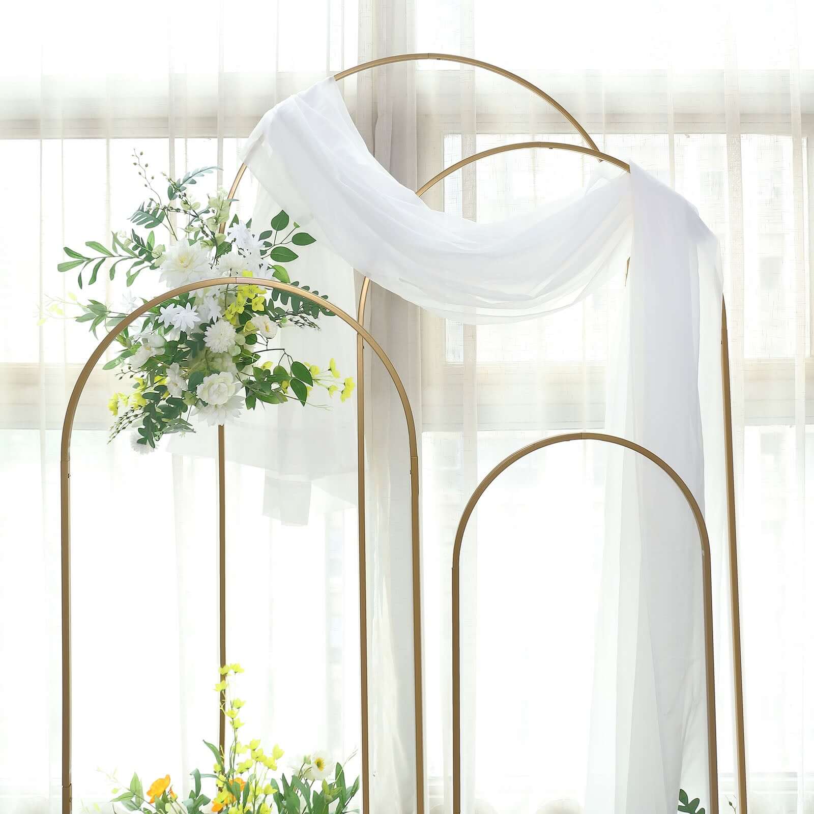 4-Piece Gold Metal Wedding Arch Backdrop Stand Set with Round Top for Floral Display
