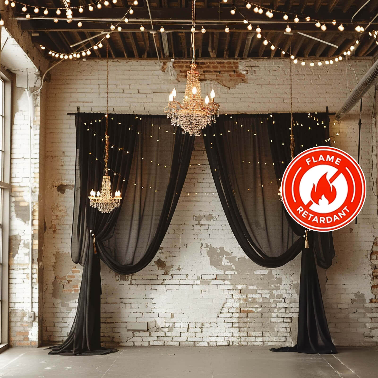 5ft x 32ft Durable Flame-Resistant Premium Black Chiffon Curtain Panel with Rod Pocket