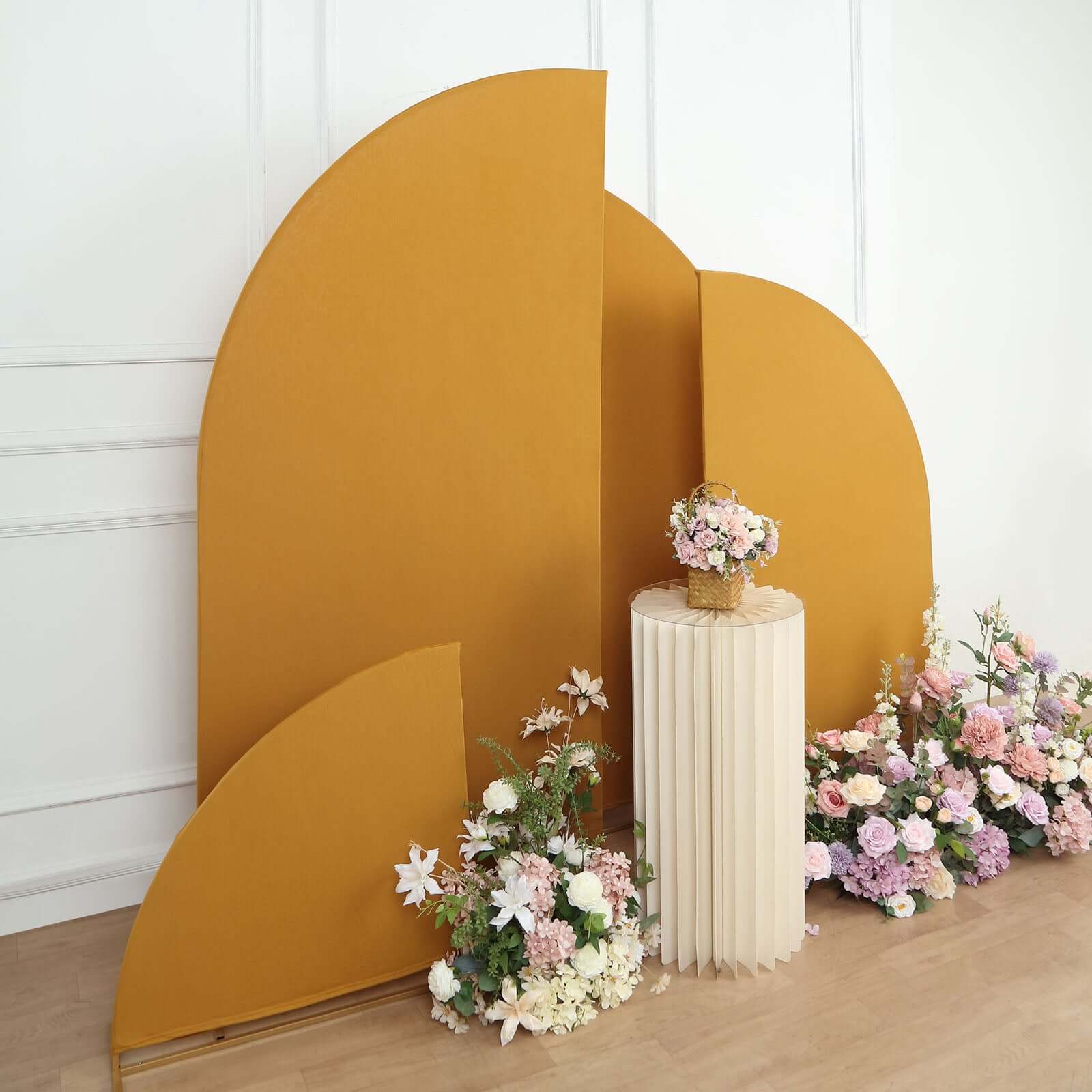 Custom-Fitted Set of 4 Matte Gold Spandex Half Moon Wedding Arch Backdrop Covers in 4 Sizes