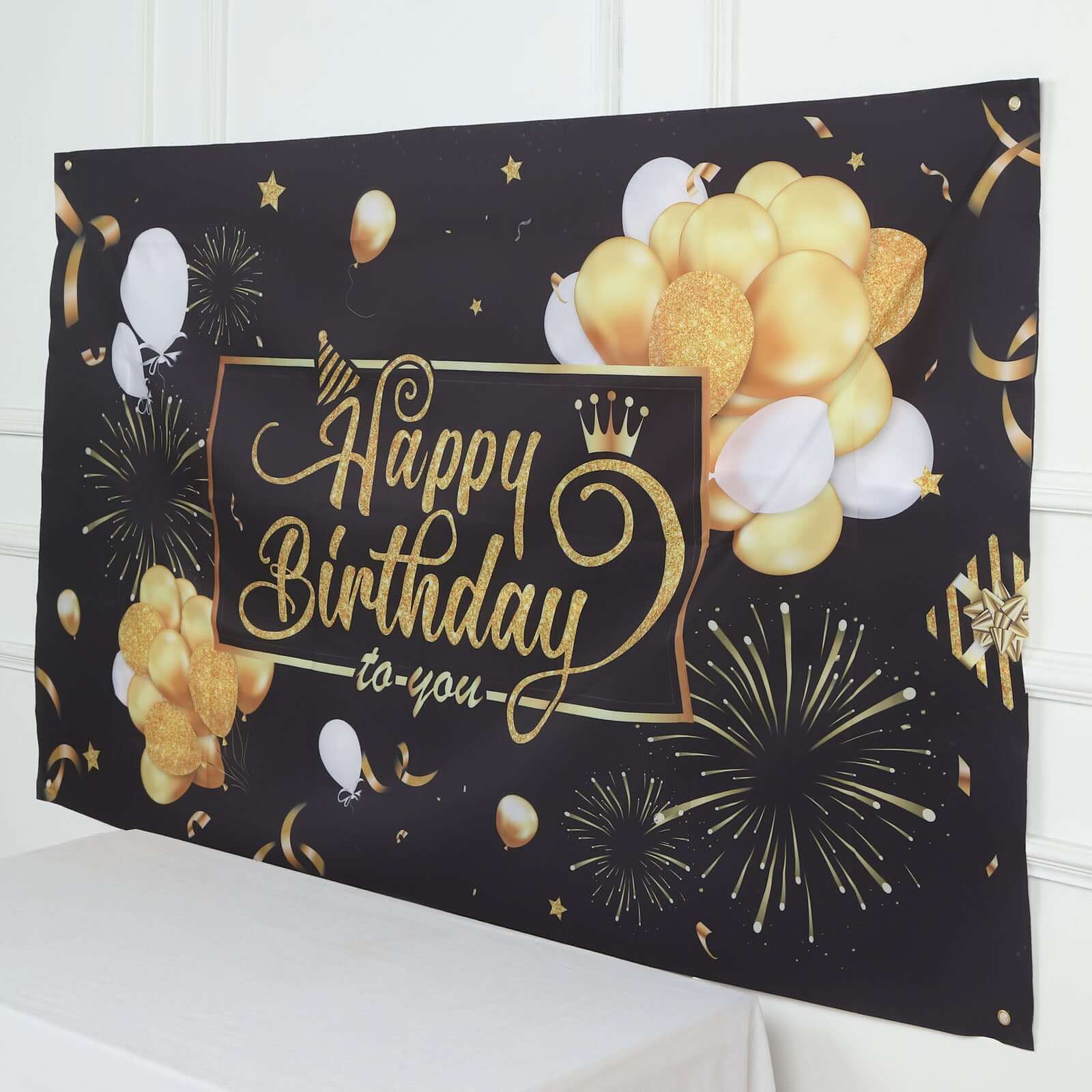 Hot Sale! 6ft x 3ft Black and Gold Polyester Happy Birthday Photo Booth Backdrop Decoration Banner