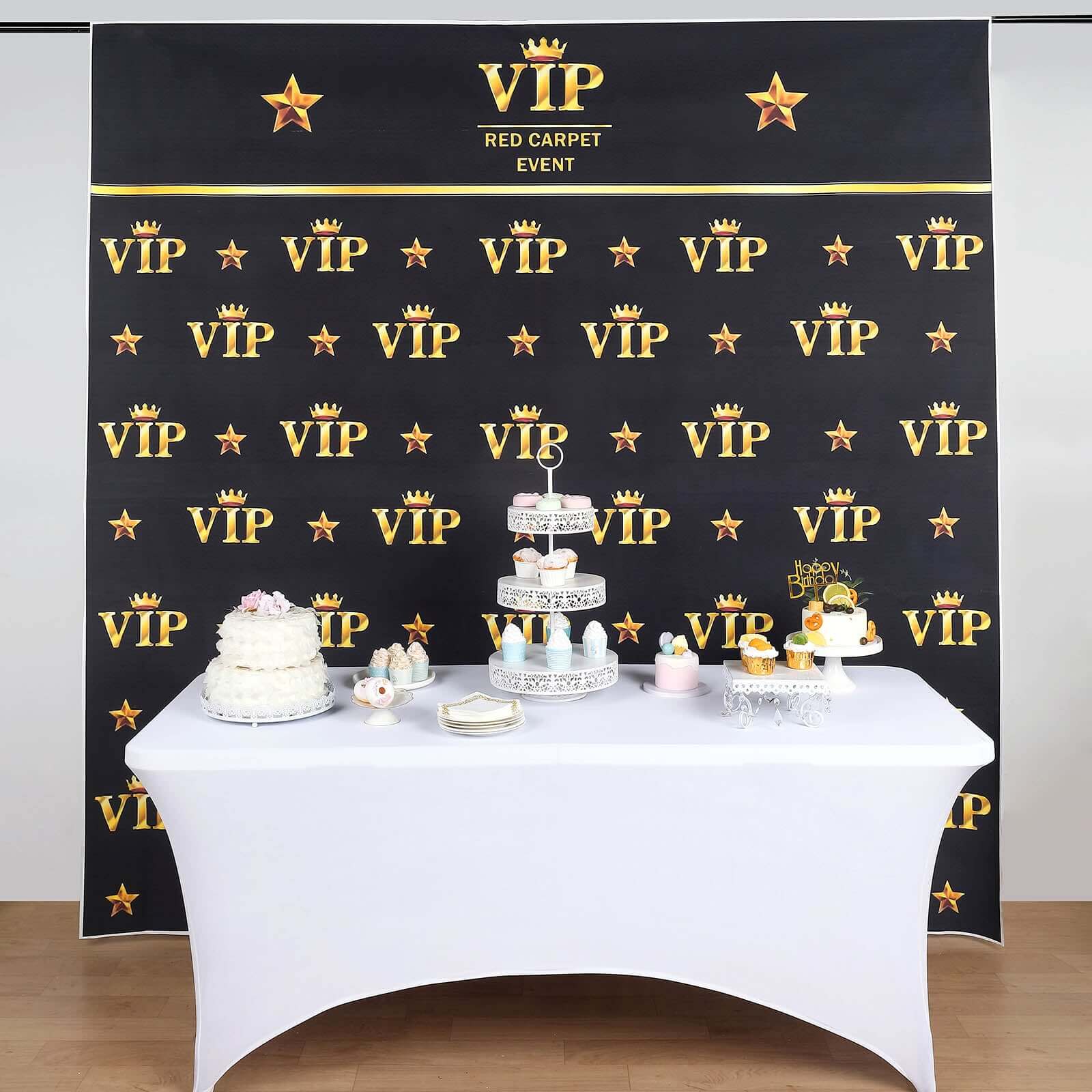 Hot Sale! 8ft x 8ft Hollywood-Style Vinyl Photography Backdrop with Gold Crown Star Design in Black & Gold