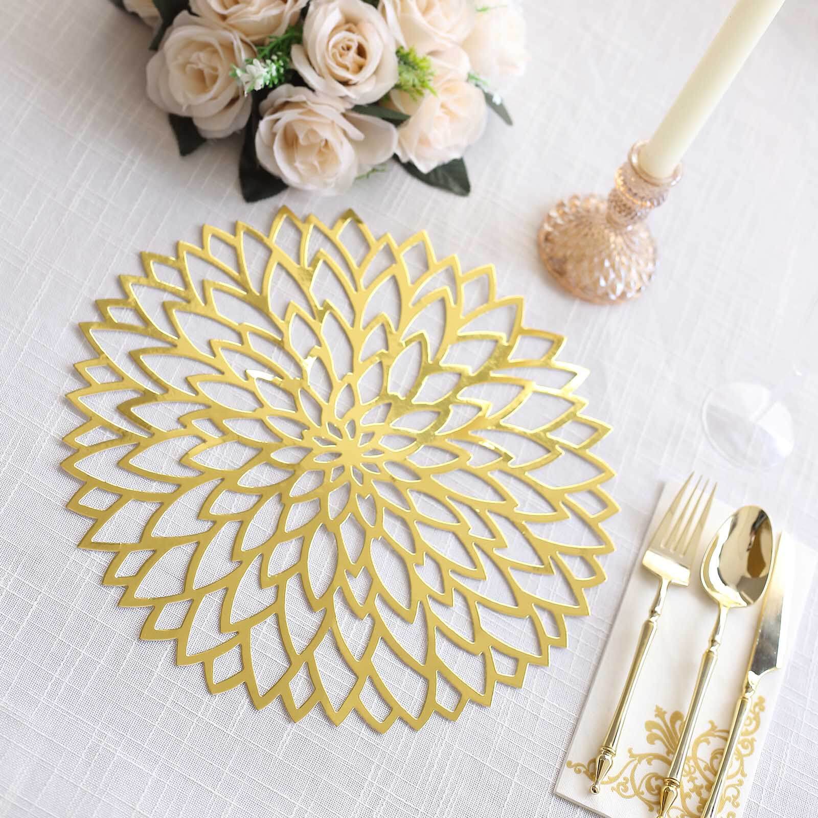 6-Piece Disposable Metallic Gold Cardboard Placemats with Laser-Cut Hibiscus Design - 400GSM, 13 Inches