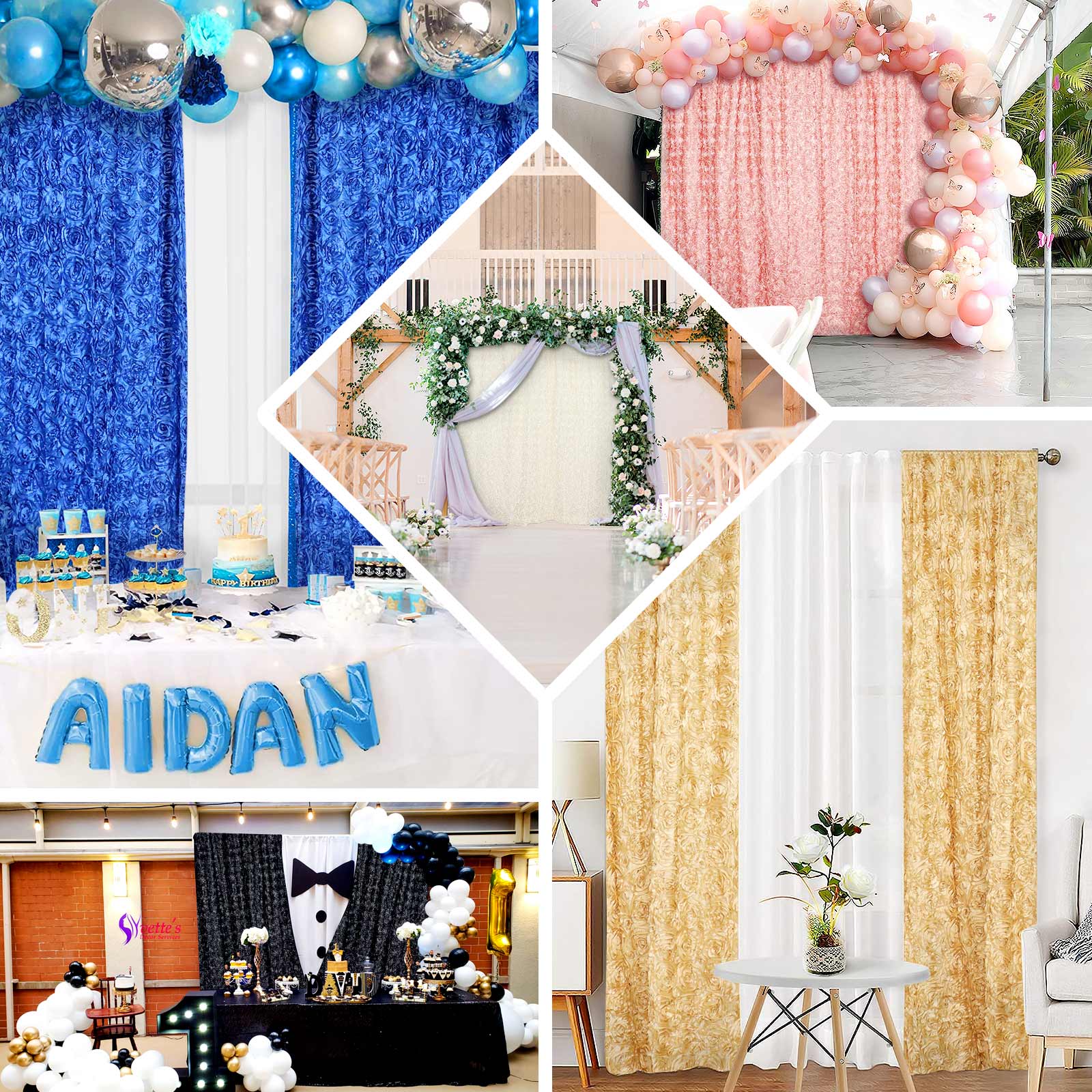 8ft by 8ft White Satin 3D Rosette Backdrop Curtain for Events