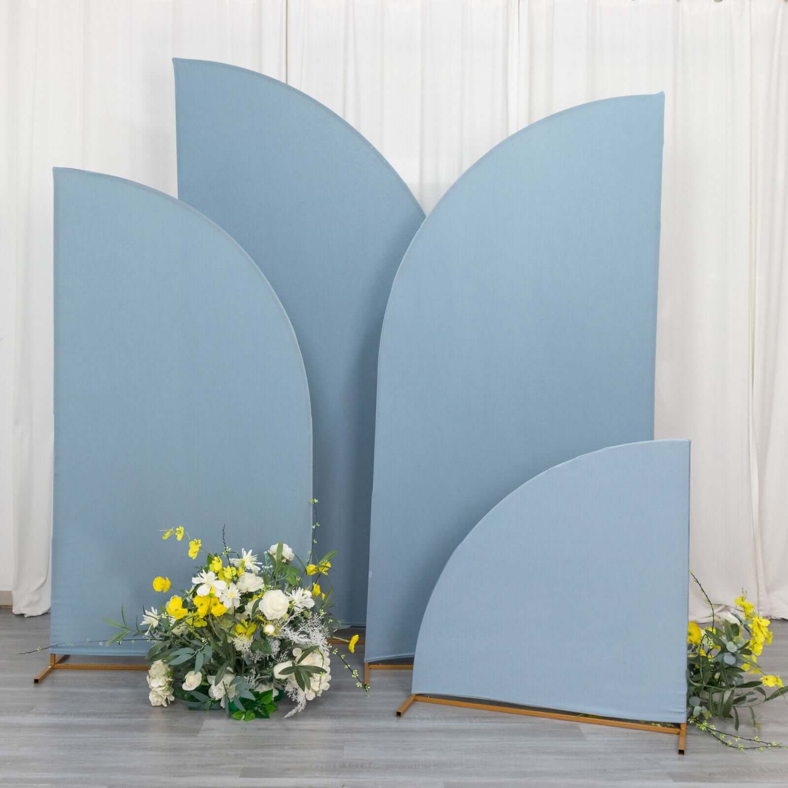 Customizable Set of 4 Matte Dusty Blue Spandex Half - Moon Wedding Arch Backdrop Covers in 4 Sizes