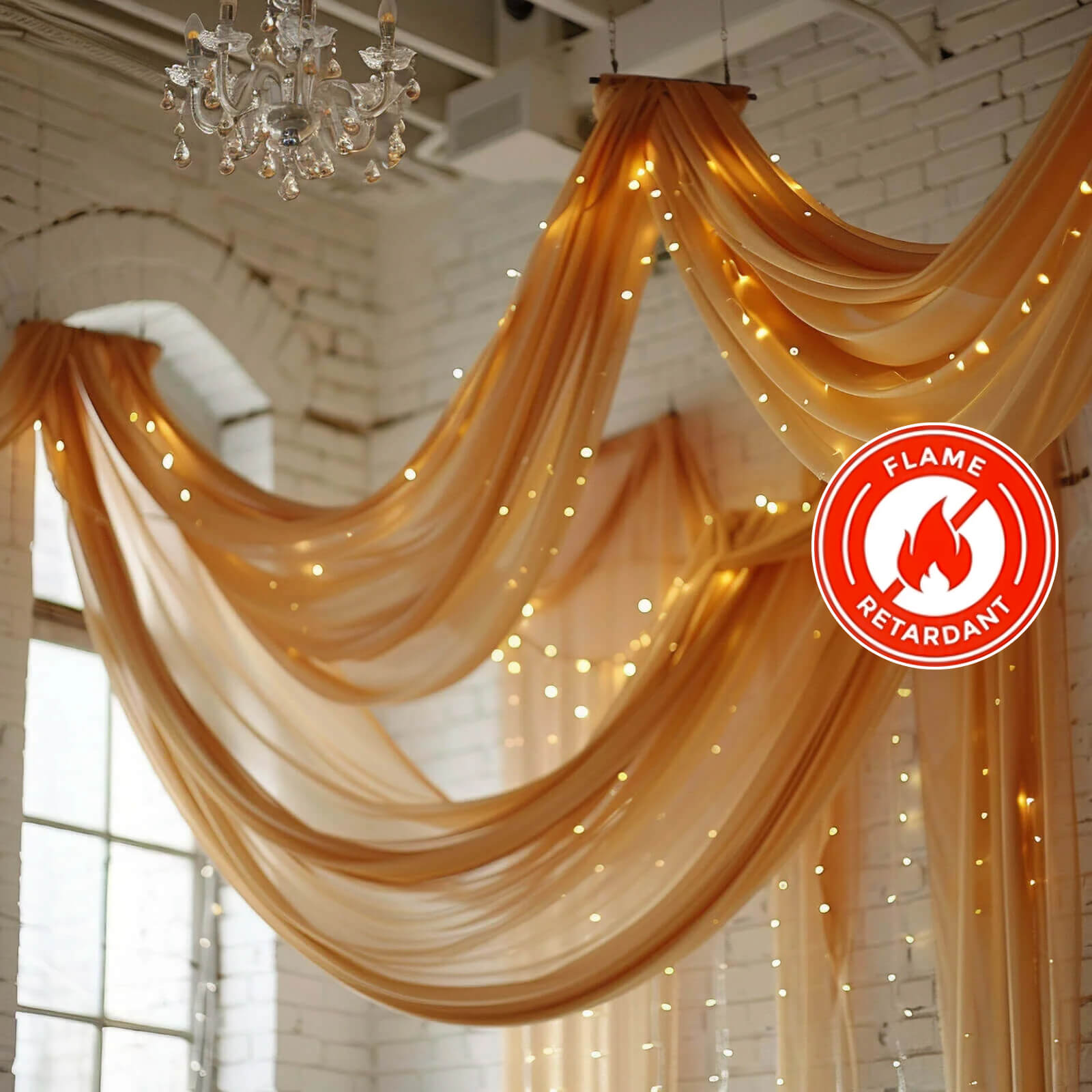 5ft x 32ft Gold Premium Chiffon Curtain Panel - Durable Flame Resistant! Ideal for Events