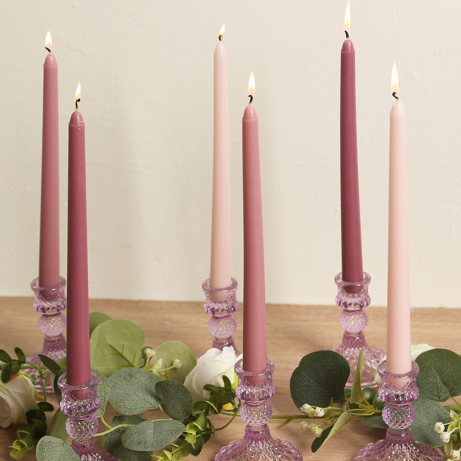 12-Pack Premium Unscented Mixed Dusty Rose Taper Candles for Elegant Decor