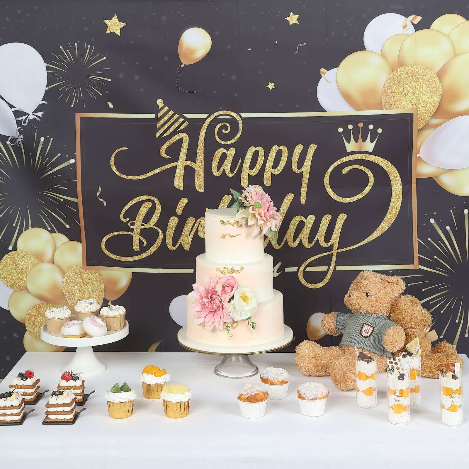 Hot Sale! 6ft x 3ft Black and Gold Polyester Happy Birthday Photo Booth Backdrop Decoration Banner