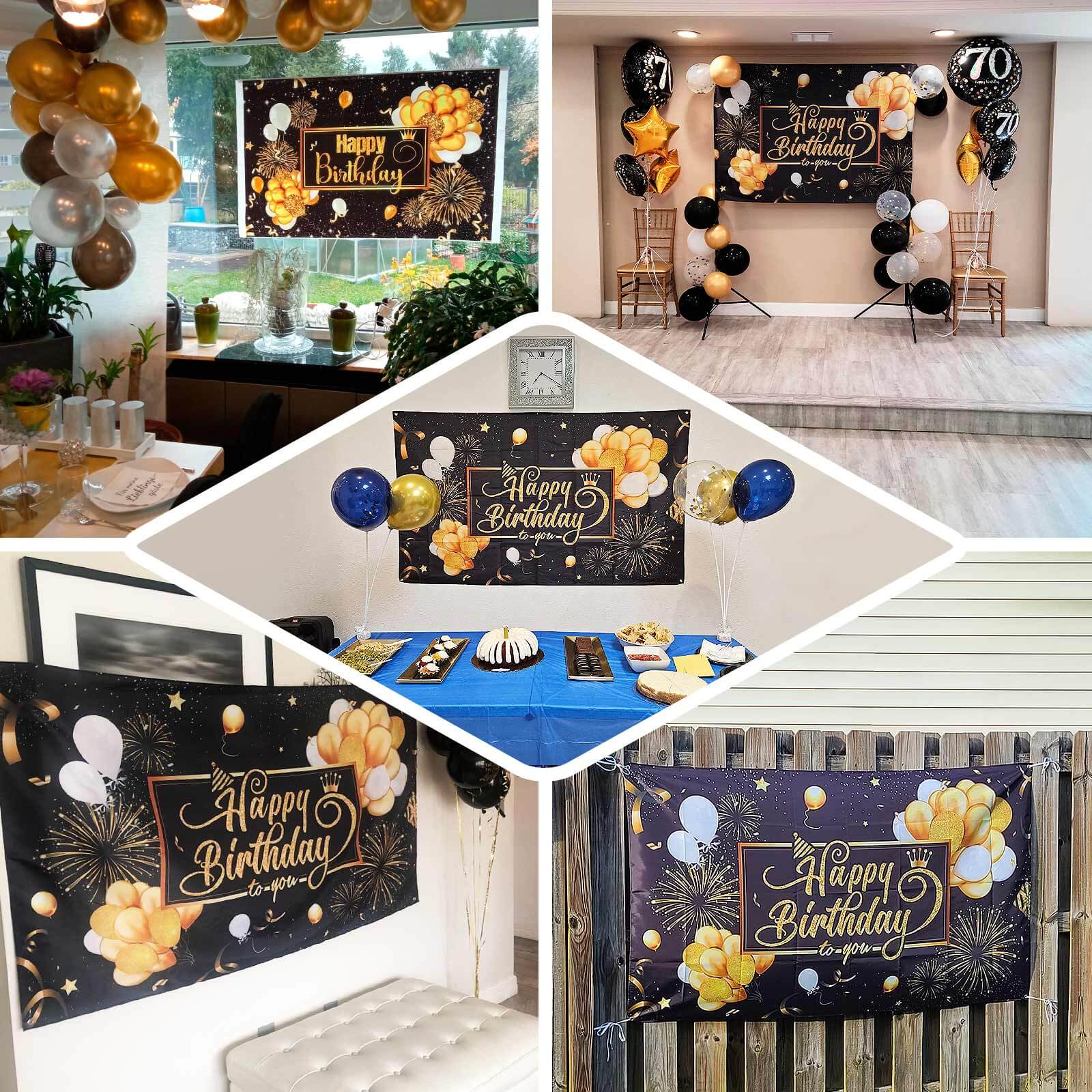 Hot Sale! 6ft x 3ft Black and Gold Polyester Happy Birthday Photo Booth Backdrop Decoration Banner