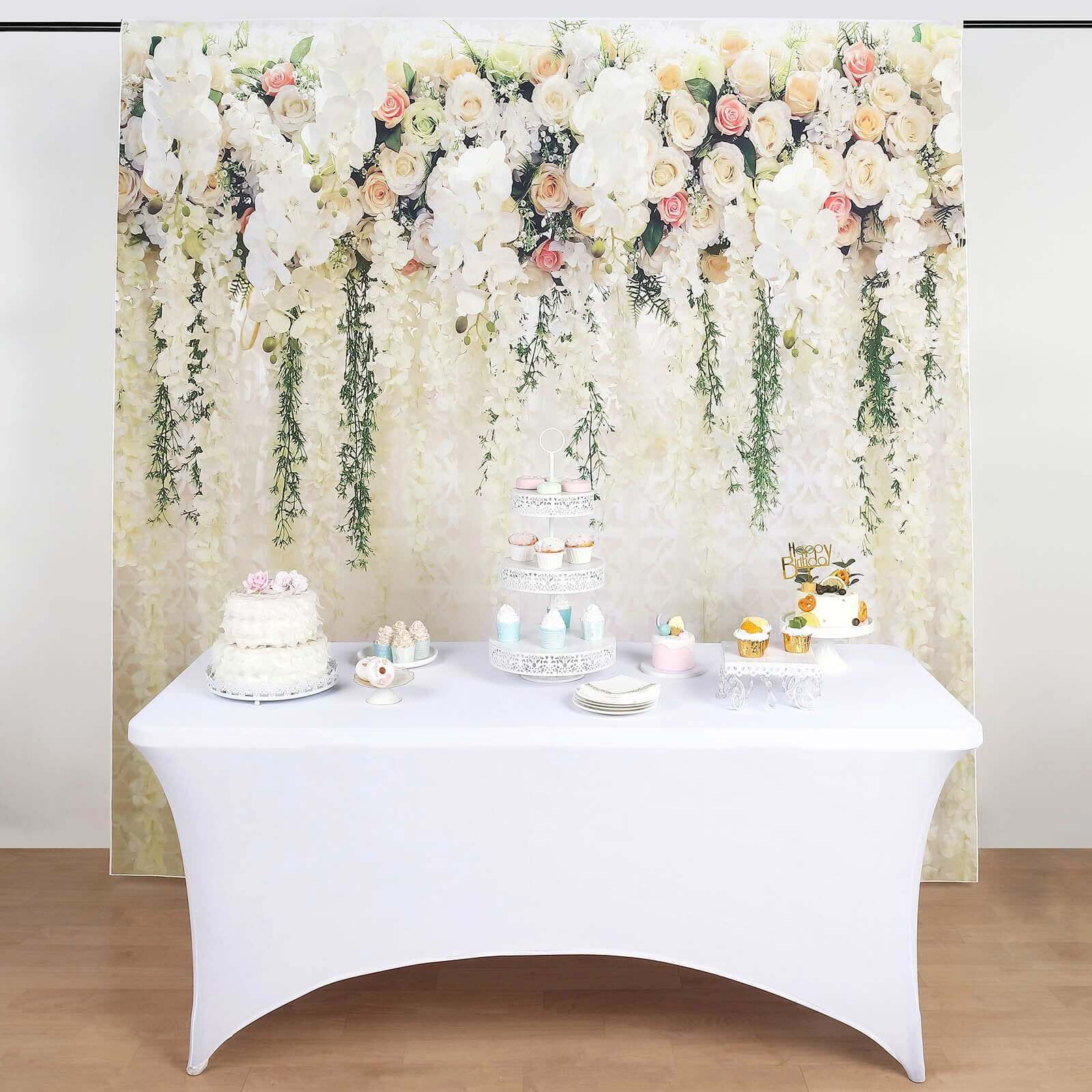 8ft x 8ft Lightweight Vinyl Photography Backdrop with White Rose and Floral Print