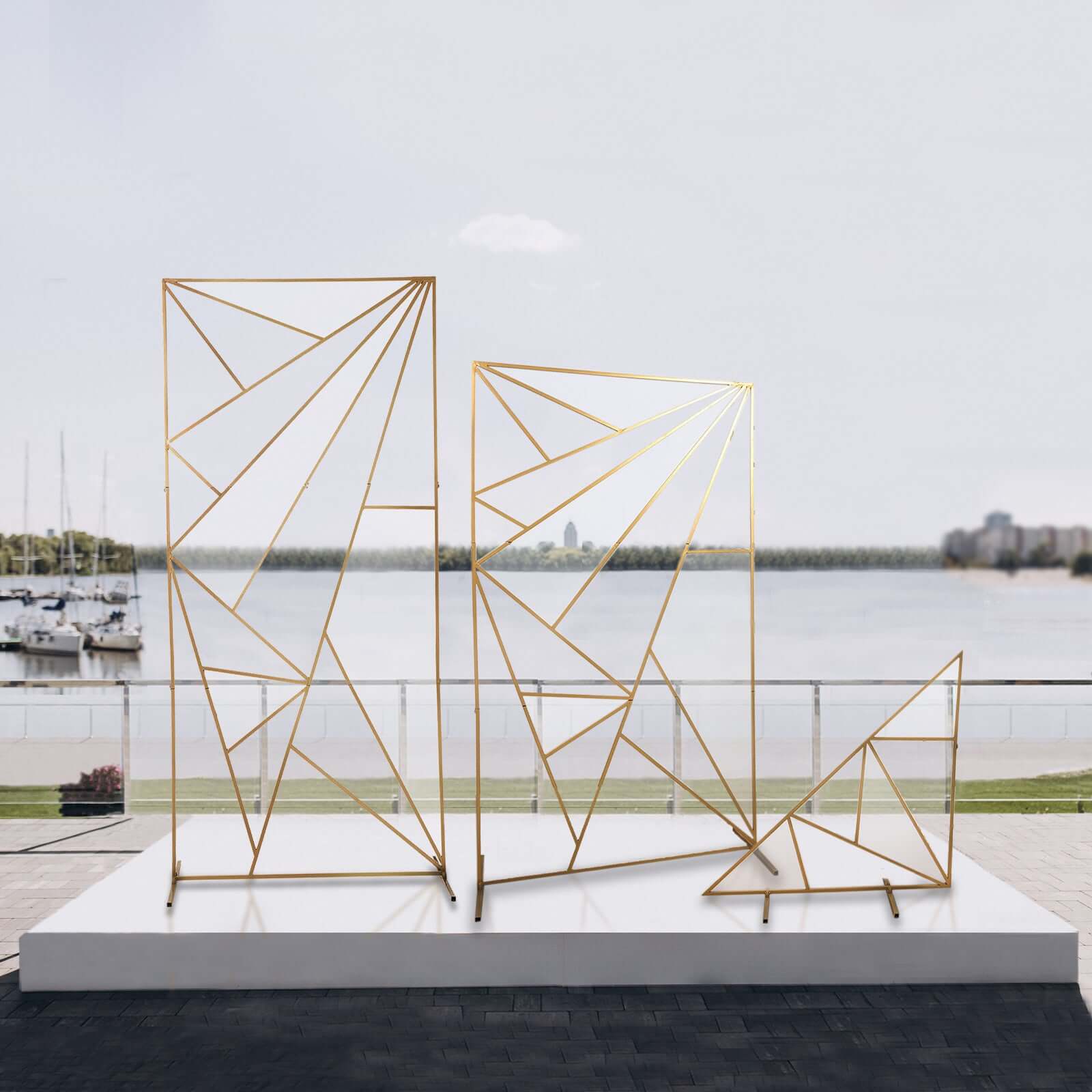 6ft Tall Gold Metal Rectangular Geometric Flower Frame for Wedding Backdrop with Cloudy Film Insert
