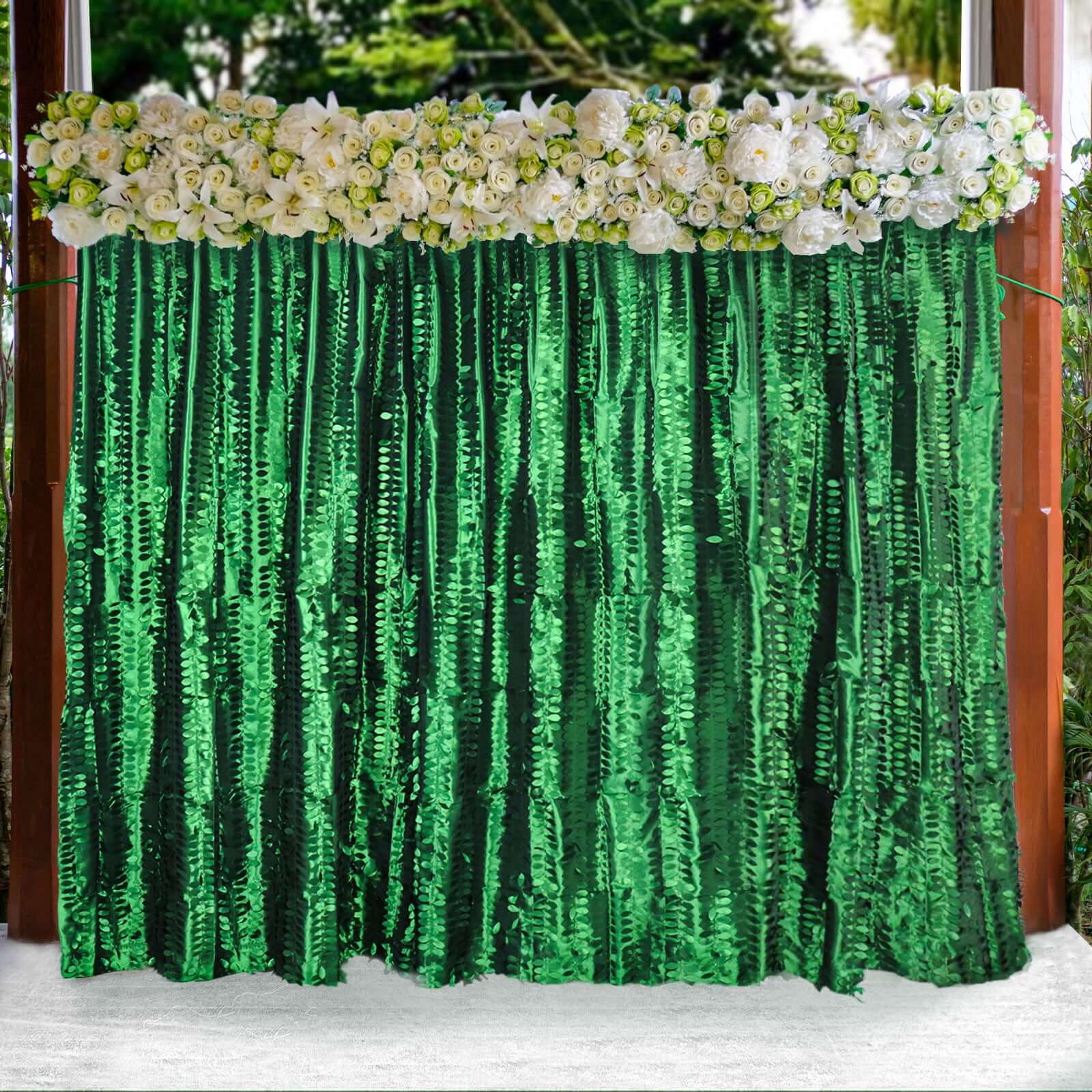 Exclusive 8ft x 8ft Green 3D Leaf Petal Taffeta Event Curtains with Rod Pocket for Backdrops