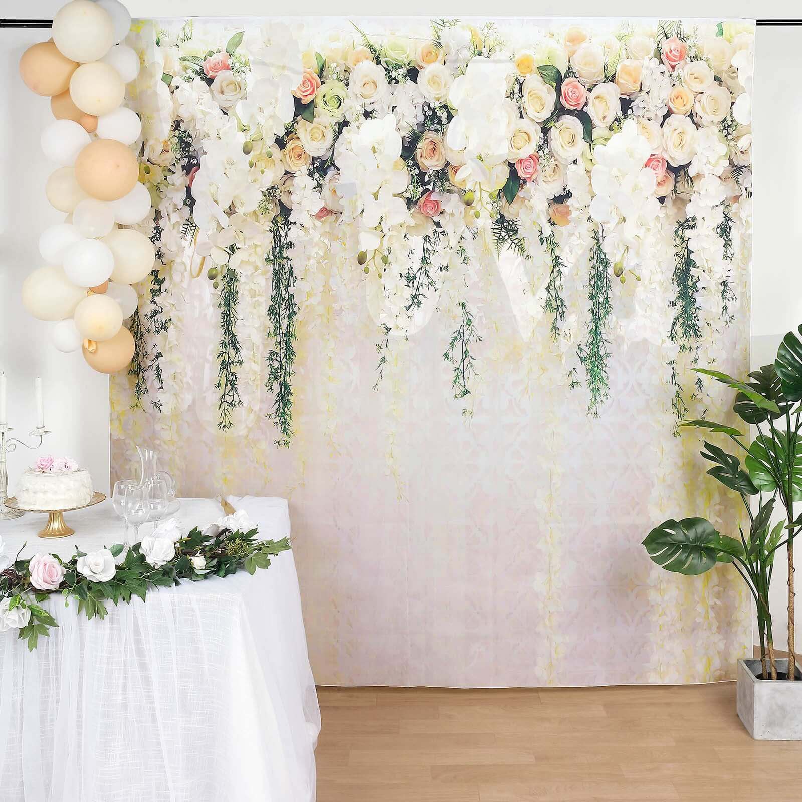 8ft x 8ft Lightweight Vinyl Photography Backdrop with White Rose and Floral Print