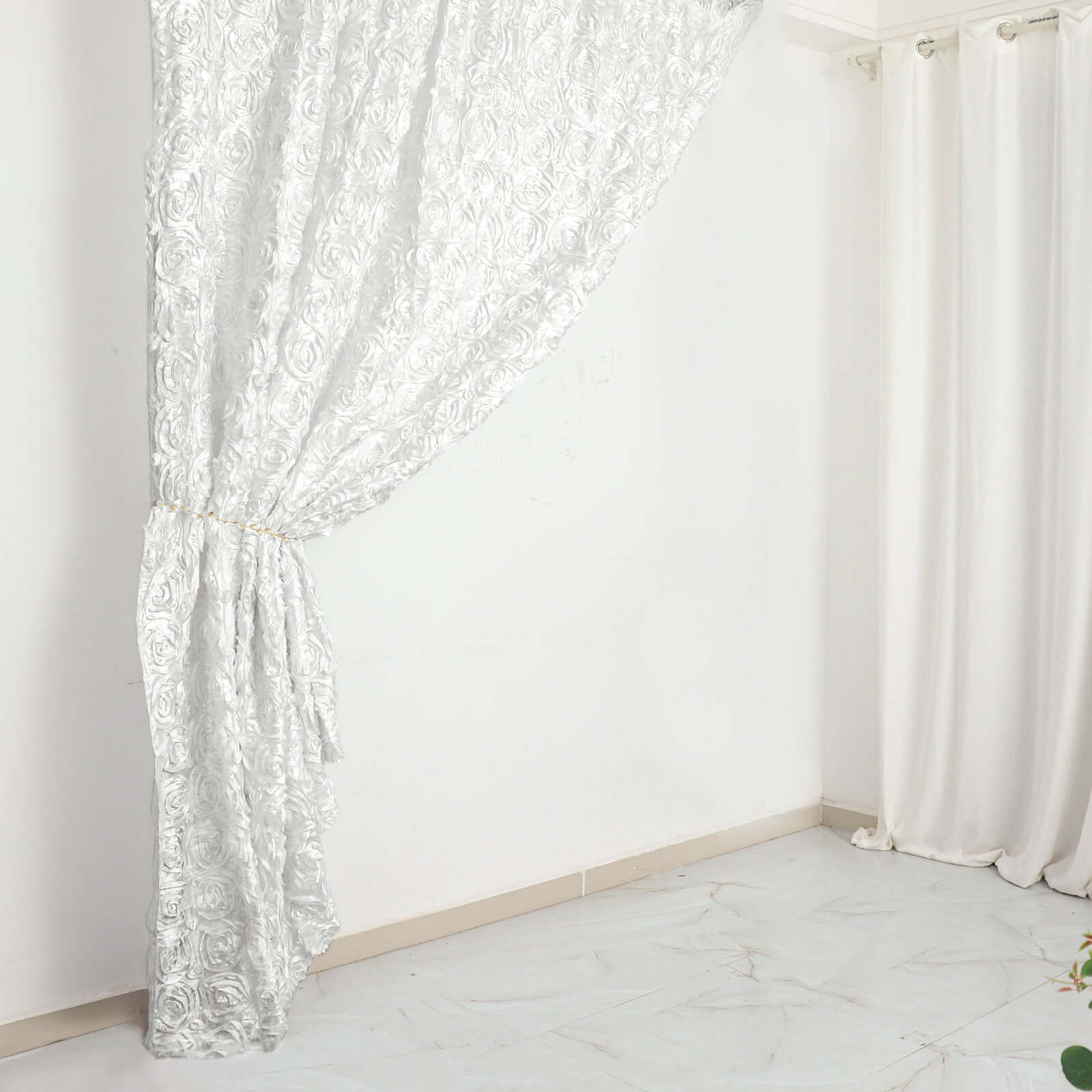 8ft by 8ft White Satin 3D Rosette Backdrop Curtain for Events