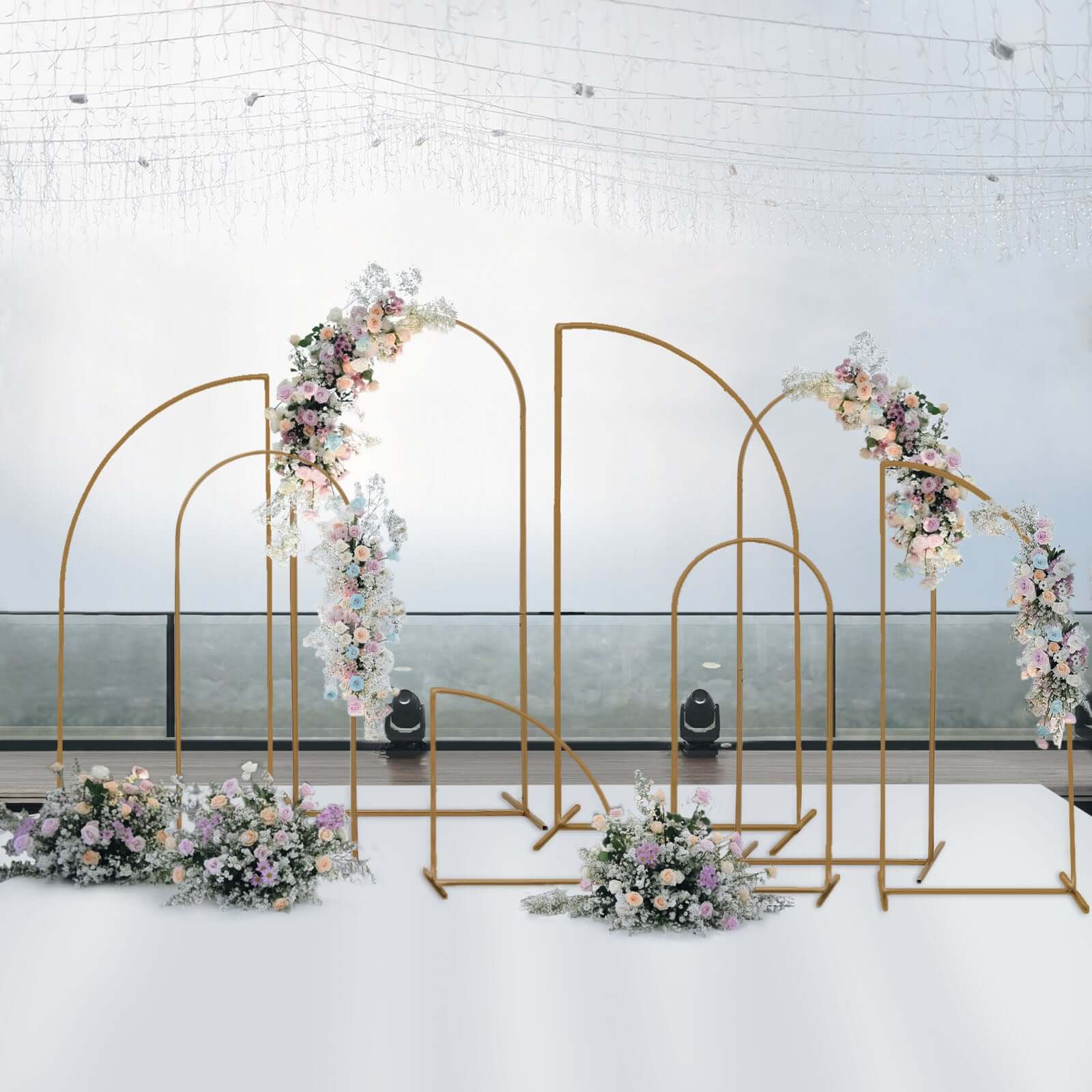 4-Piece Gold Metal Wedding Arch Backdrop Stand Set with Round Top for Floral Display
