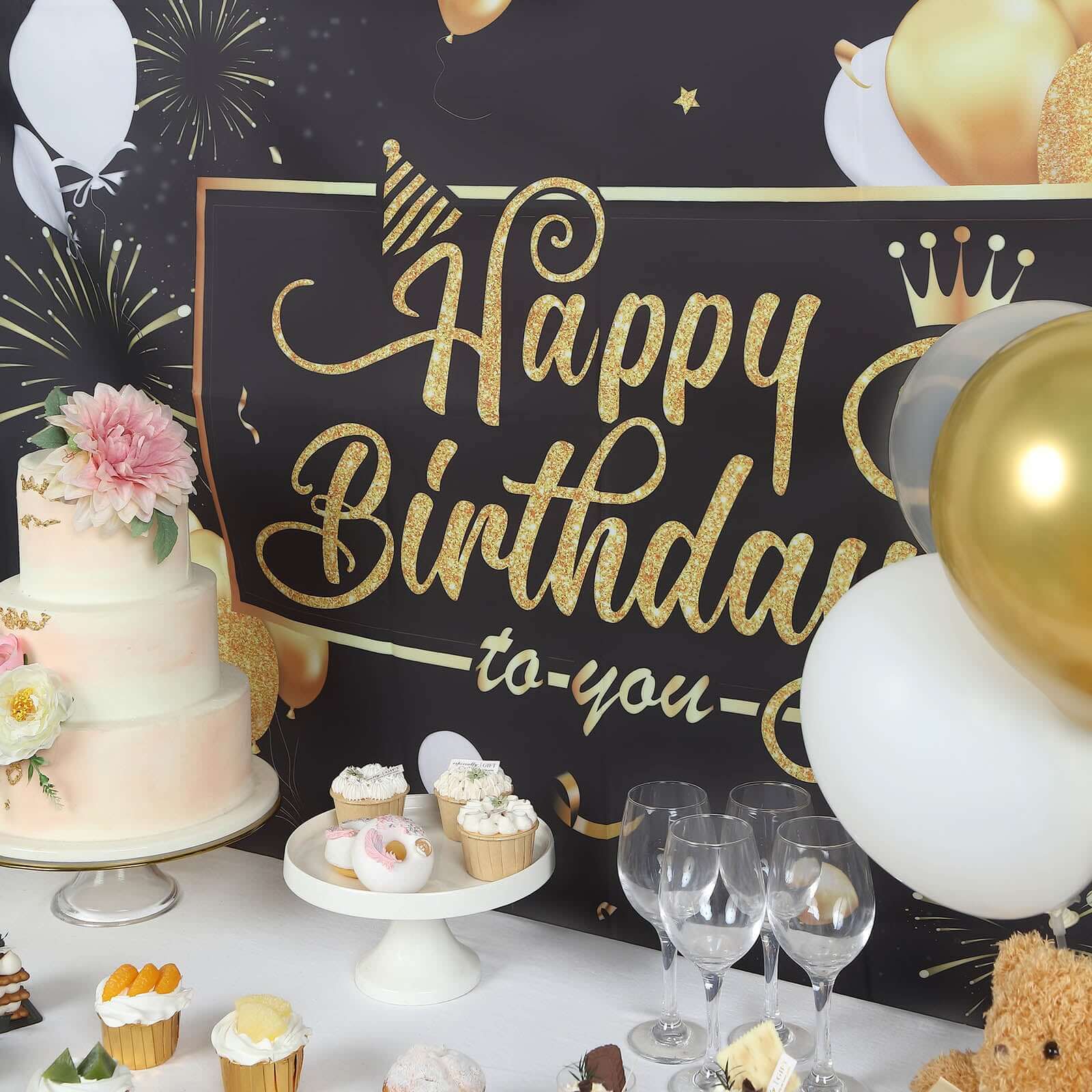 Hot Sale! 6ft x 3ft Black and Gold Polyester Happy Birthday Photo Booth Backdrop Decoration Banner