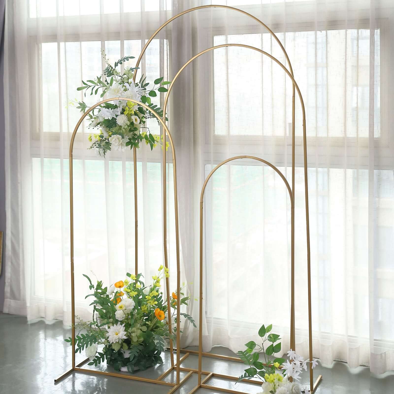 4-Piece Gold Metal Wedding Arch Backdrop Stand Set with Round Top for Floral Display