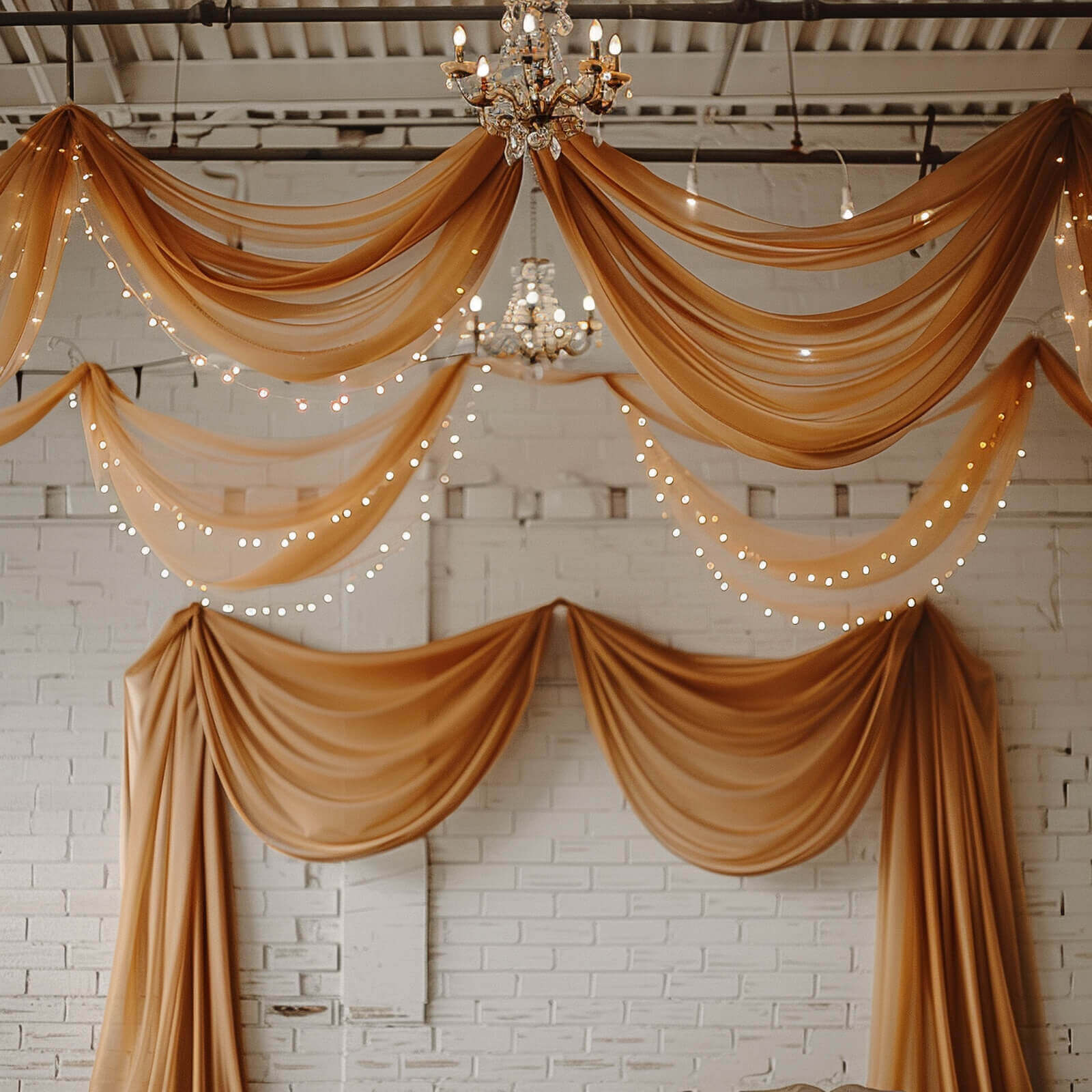 5ft x 32ft Gold Premium Chiffon Curtain Panel - Durable Flame Resistant! Ideal for Events