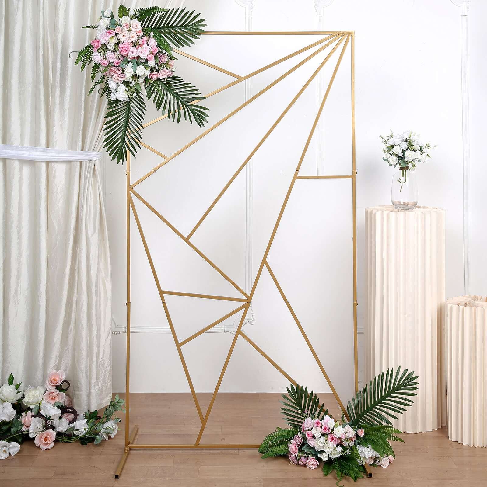 6ft Tall Gold Metal Rectangular Geometric Flower Frame for Wedding Backdrop with Cloudy Film Insert