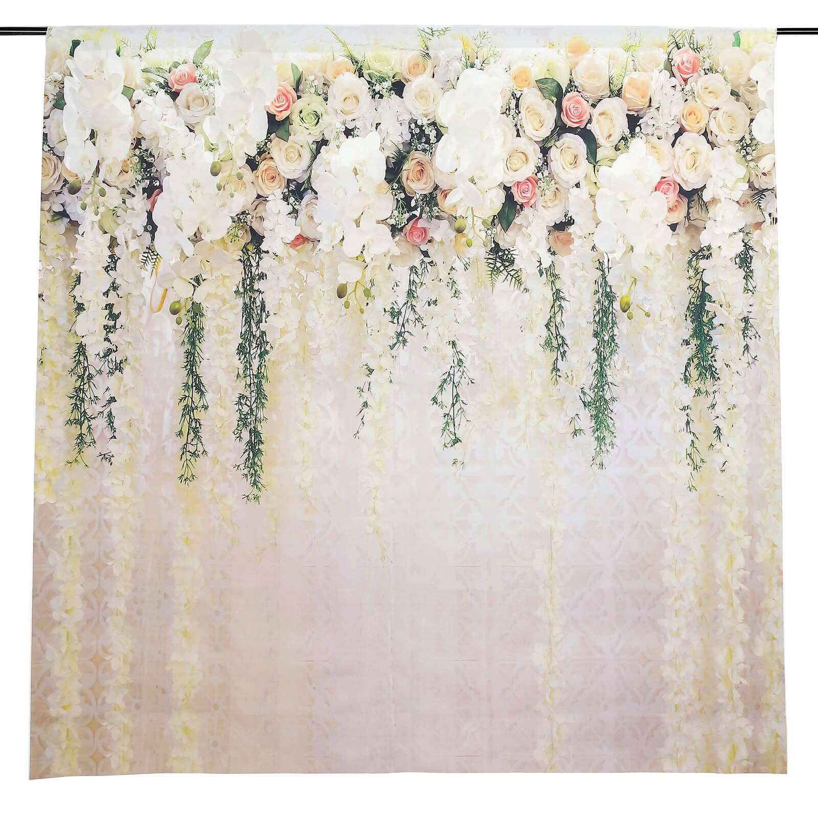 8ft x 8ft Lightweight Vinyl Photography Backdrop with White Rose and Floral Print