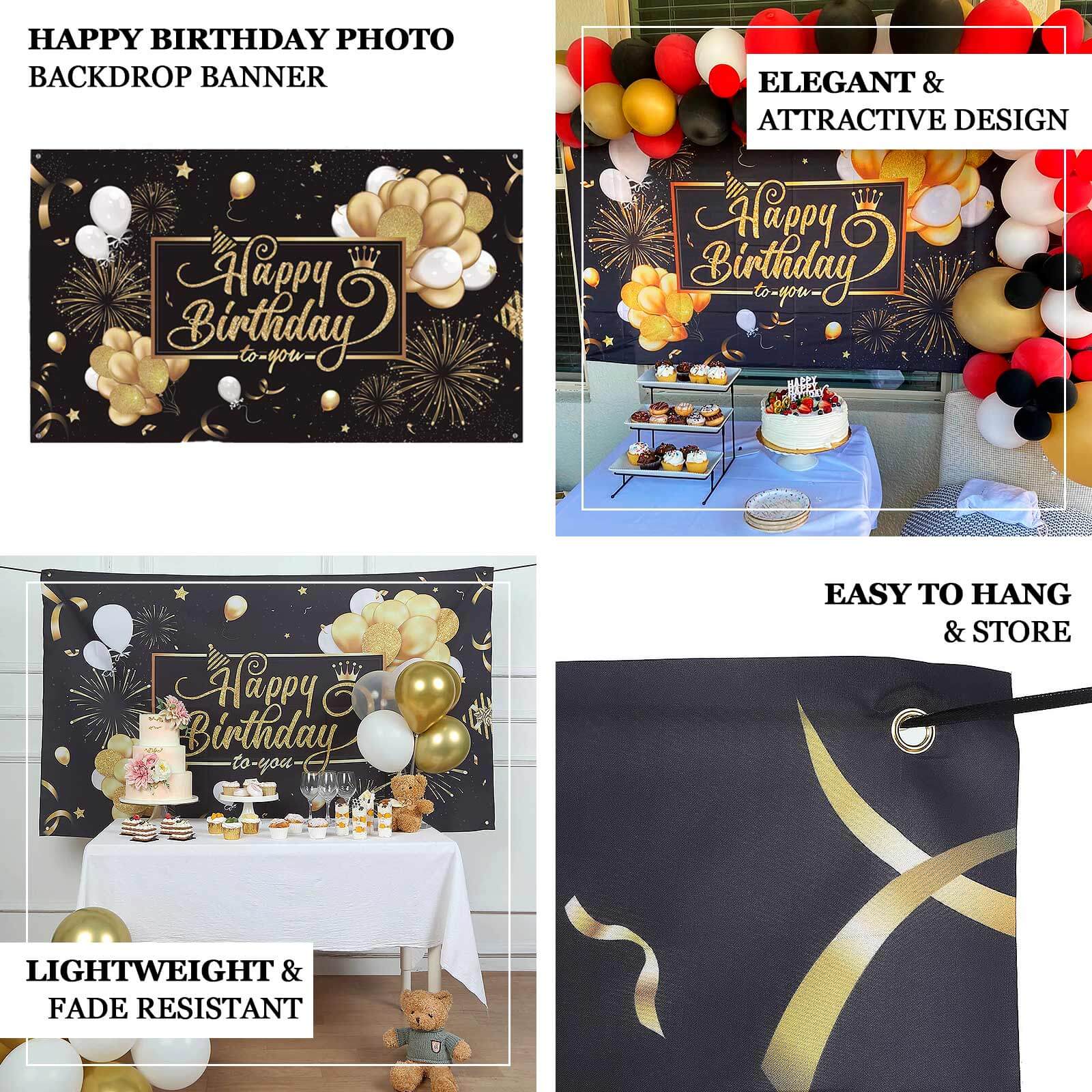 Hot Sale! 6ft x 3ft Black and Gold Polyester Happy Birthday Photo Booth Backdrop Decoration Banner