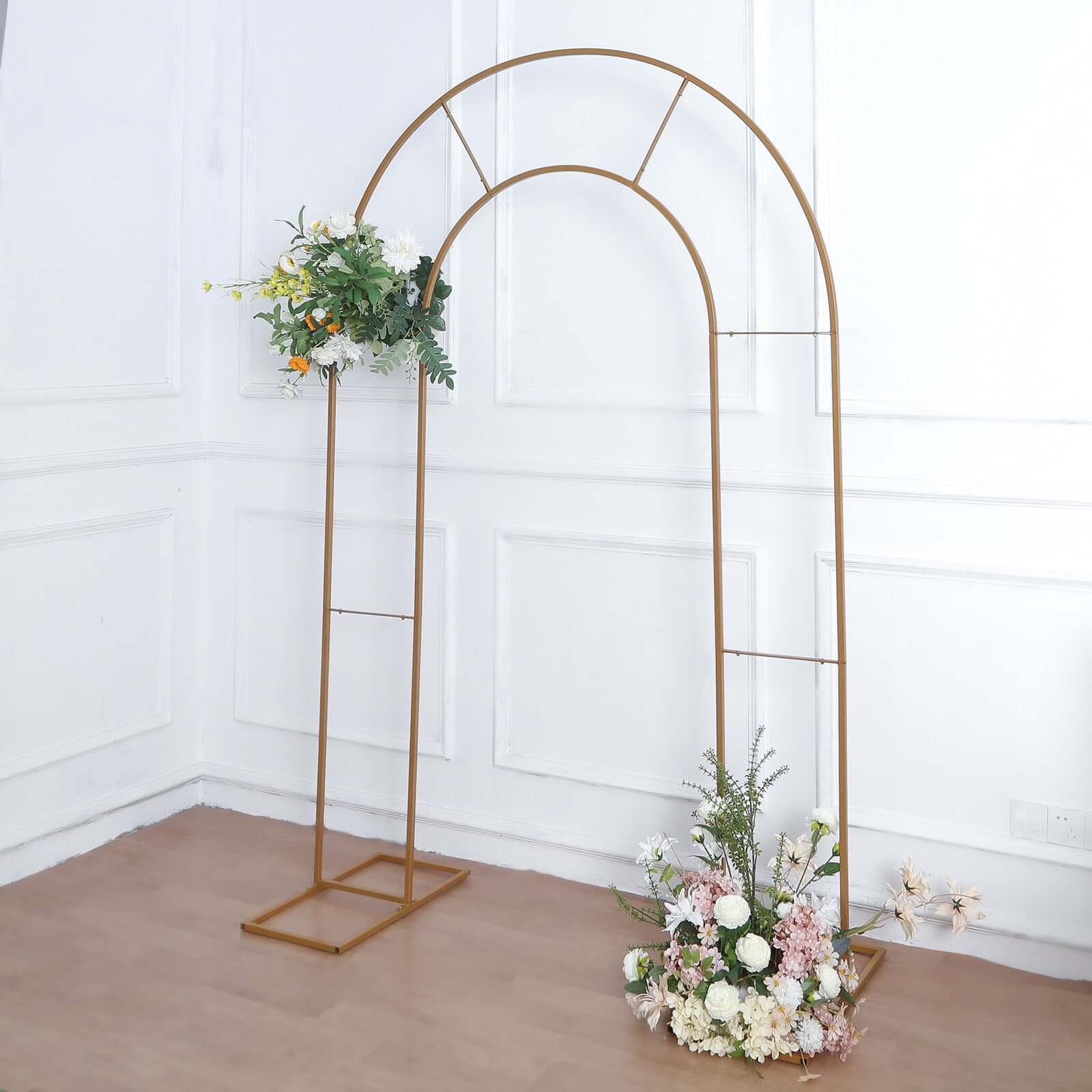 Hot Sale! 8ft Gold Metal Double Arch Wedding Arbor, Ideal for Ceremonies and Backdrops