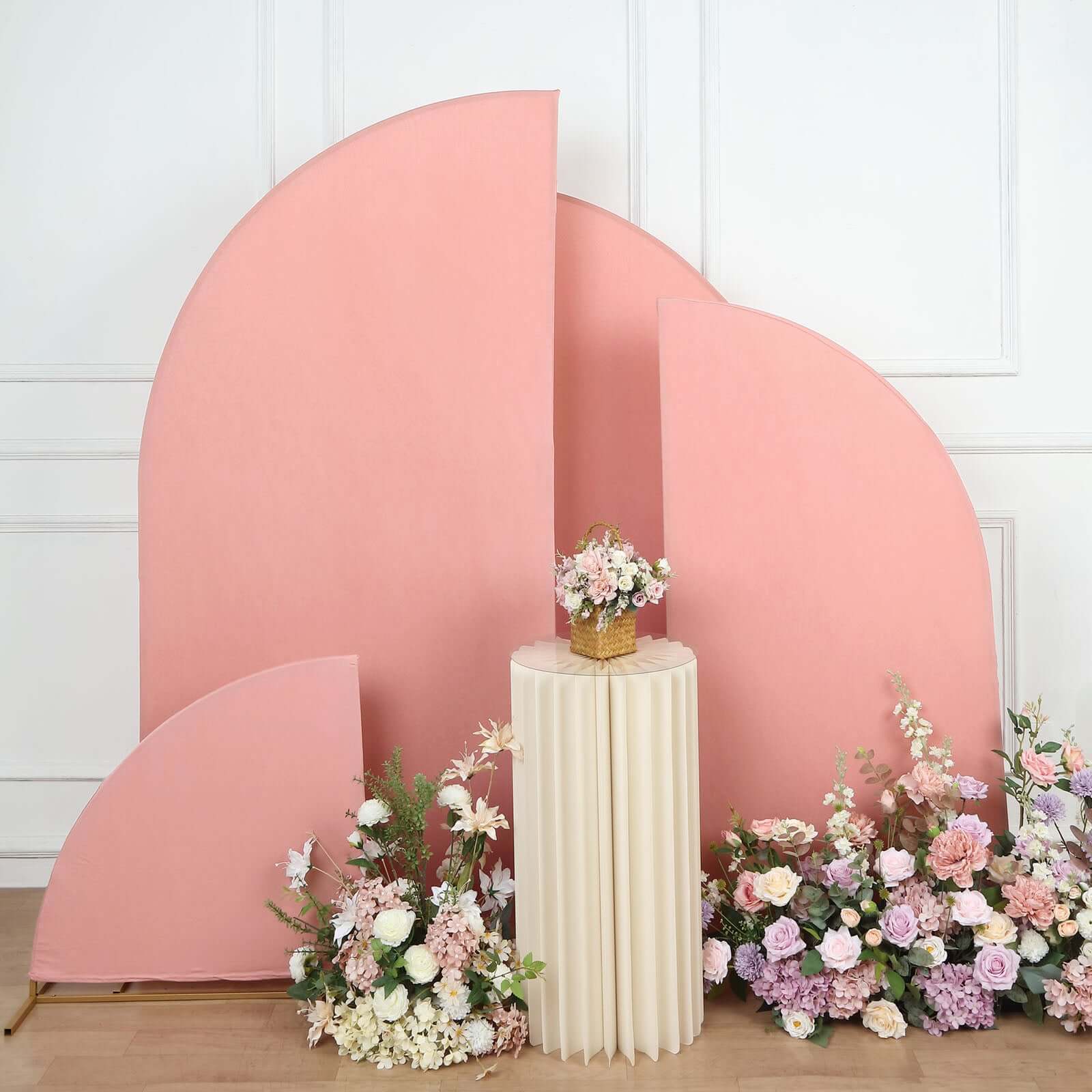 Customizable Set of 4 Dusty Rose Spandex Half - Moon Wedding Arch Backdrop Covers in Various Sizes