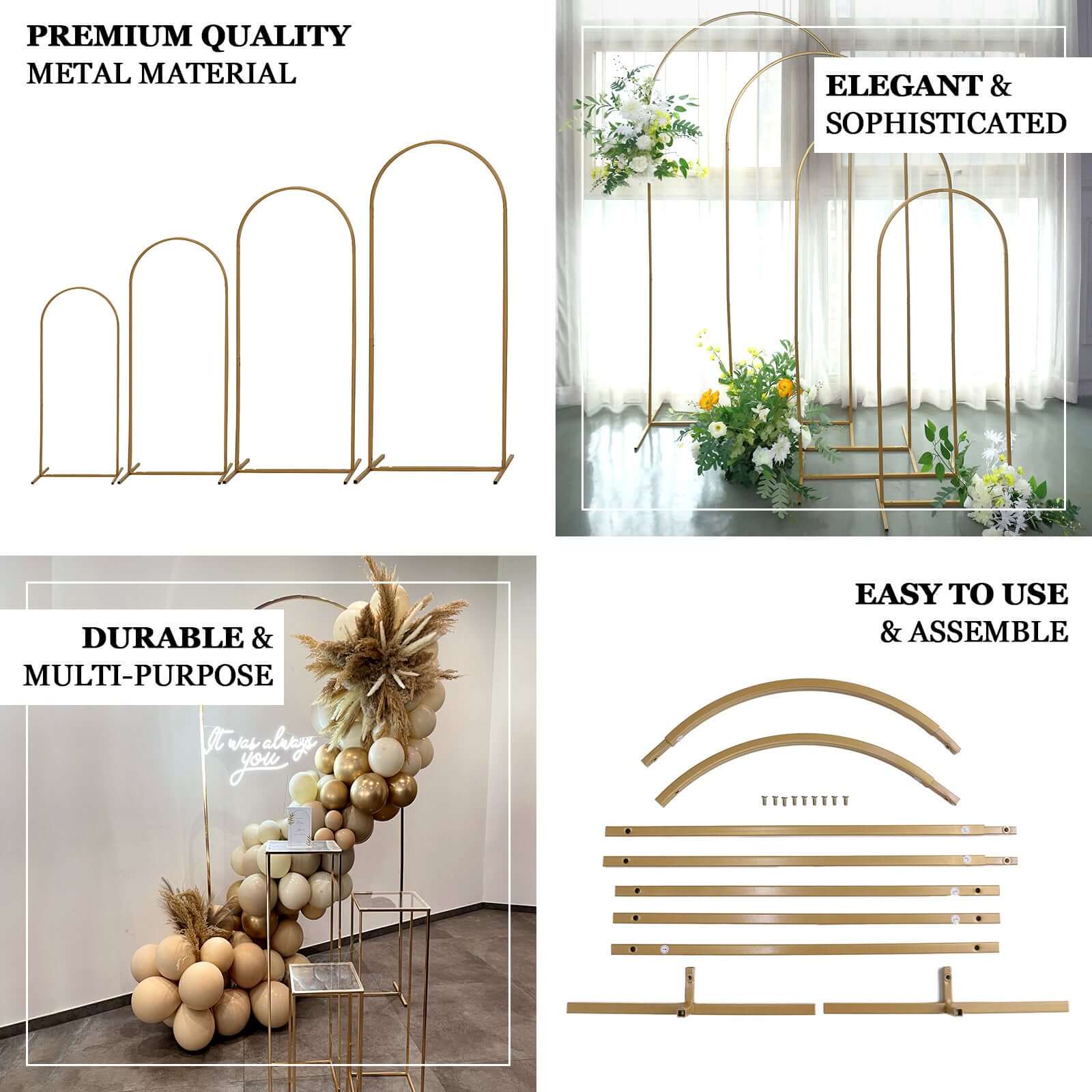 4-Piece Gold Metal Wedding Arch Backdrop Stand Set with Round Top for Floral Display