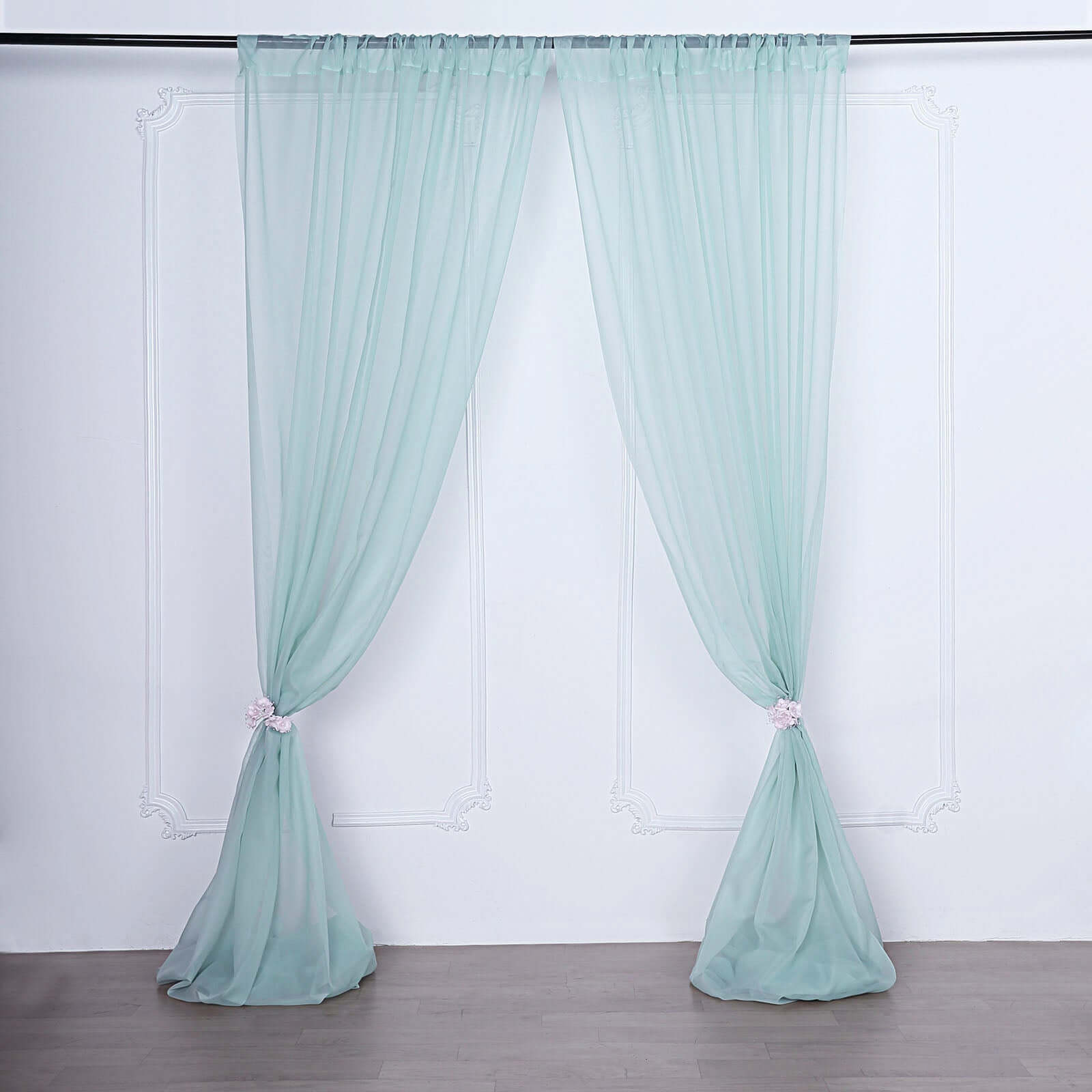 2-Pack Dusty Sage Green Flame-Resistant Chiffon Event Curtains, 10ftx10ft - Great for Events!