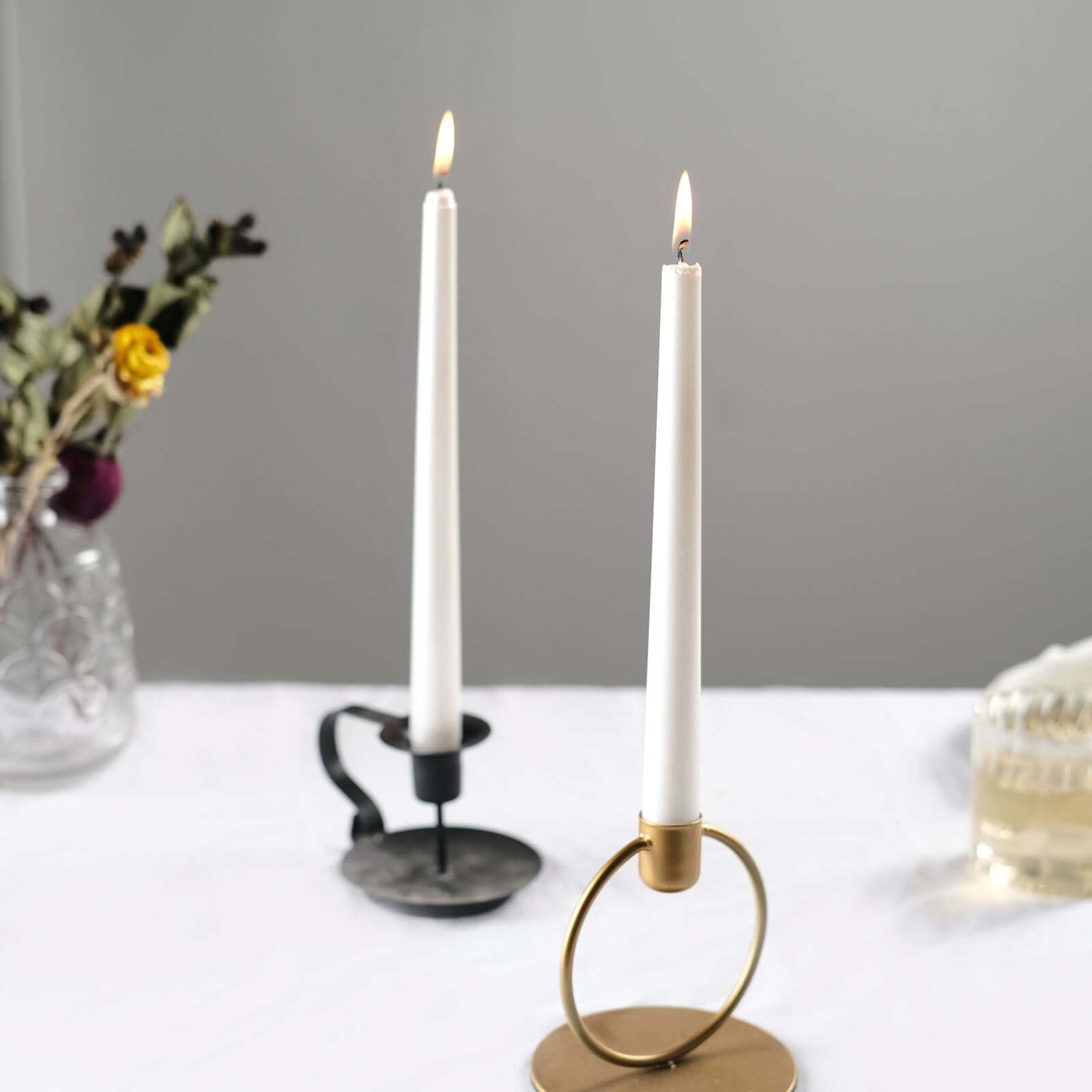 12-Piece Set of Premium Unscented Metallic Pearl White Taper Candles for Elegant Occasions