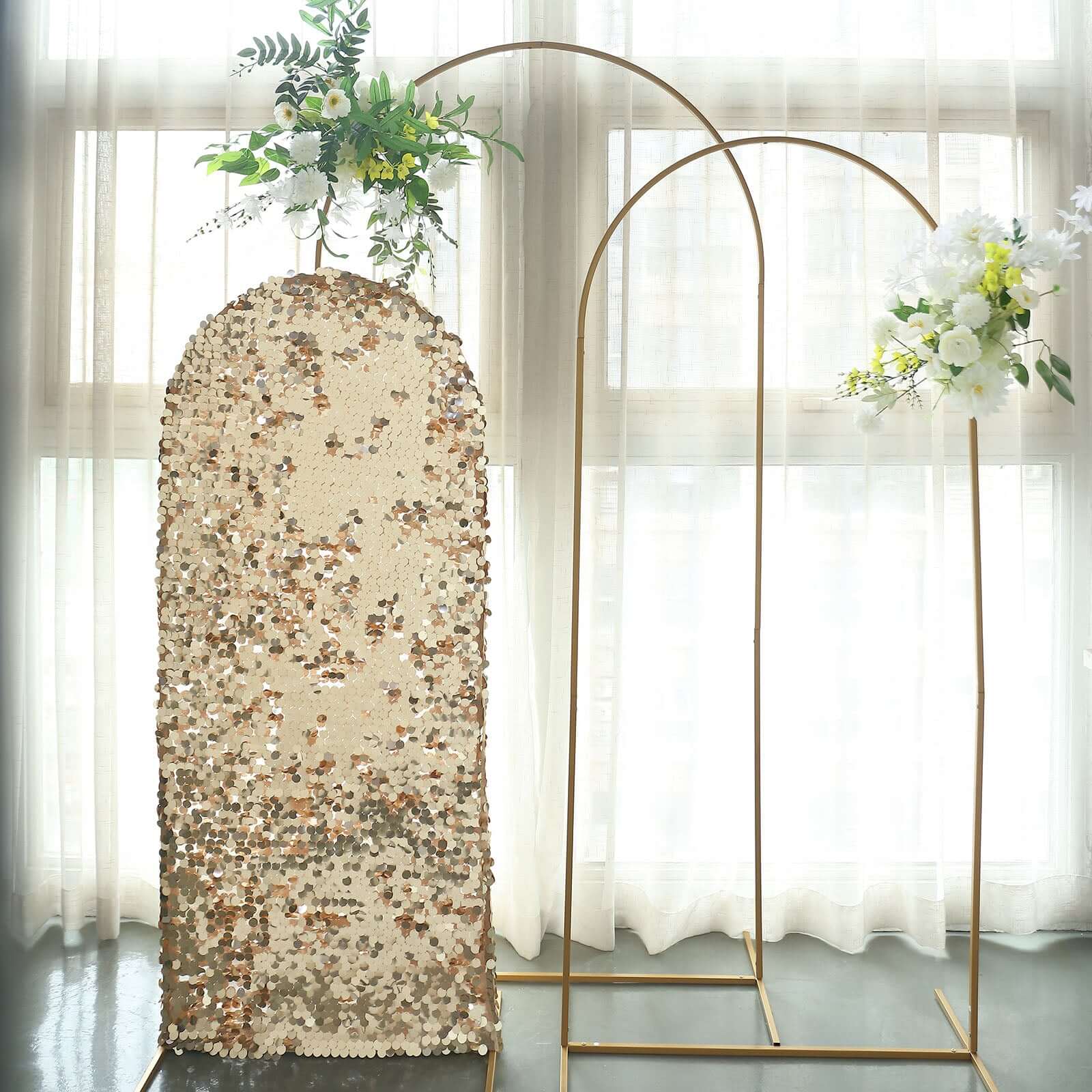 Get This 5ft Double-Sided Champagne Sparkly Sequin Cover for Your Round Top Wedding Arch