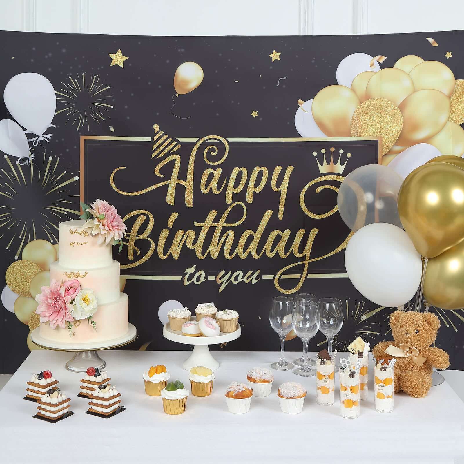 Hot Sale! 6ft x 3ft Black and Gold Polyester Happy Birthday Photo Booth Backdrop Decoration Banner