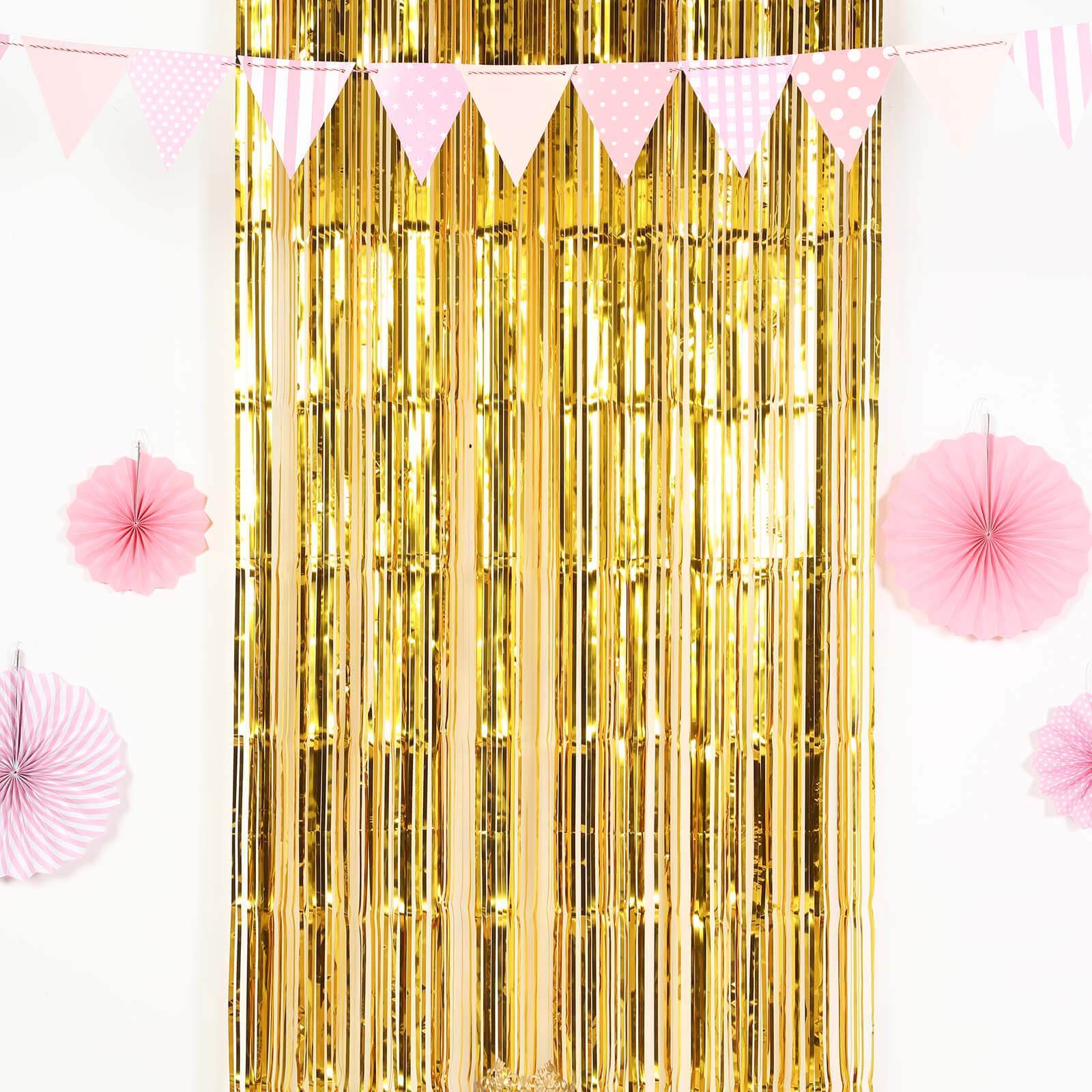 8ft Gold Metallic Foil Fringe Curtain - Ideal Party Backdrop