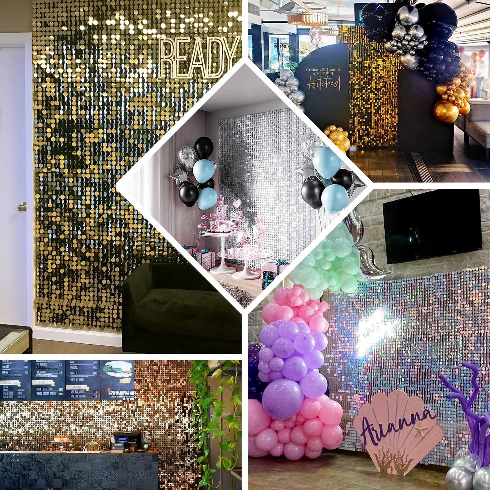 Hot Sale! 10-Panel Shiny Gold Round Sequin Shimmer Wall Party Photo Backdrop Decor