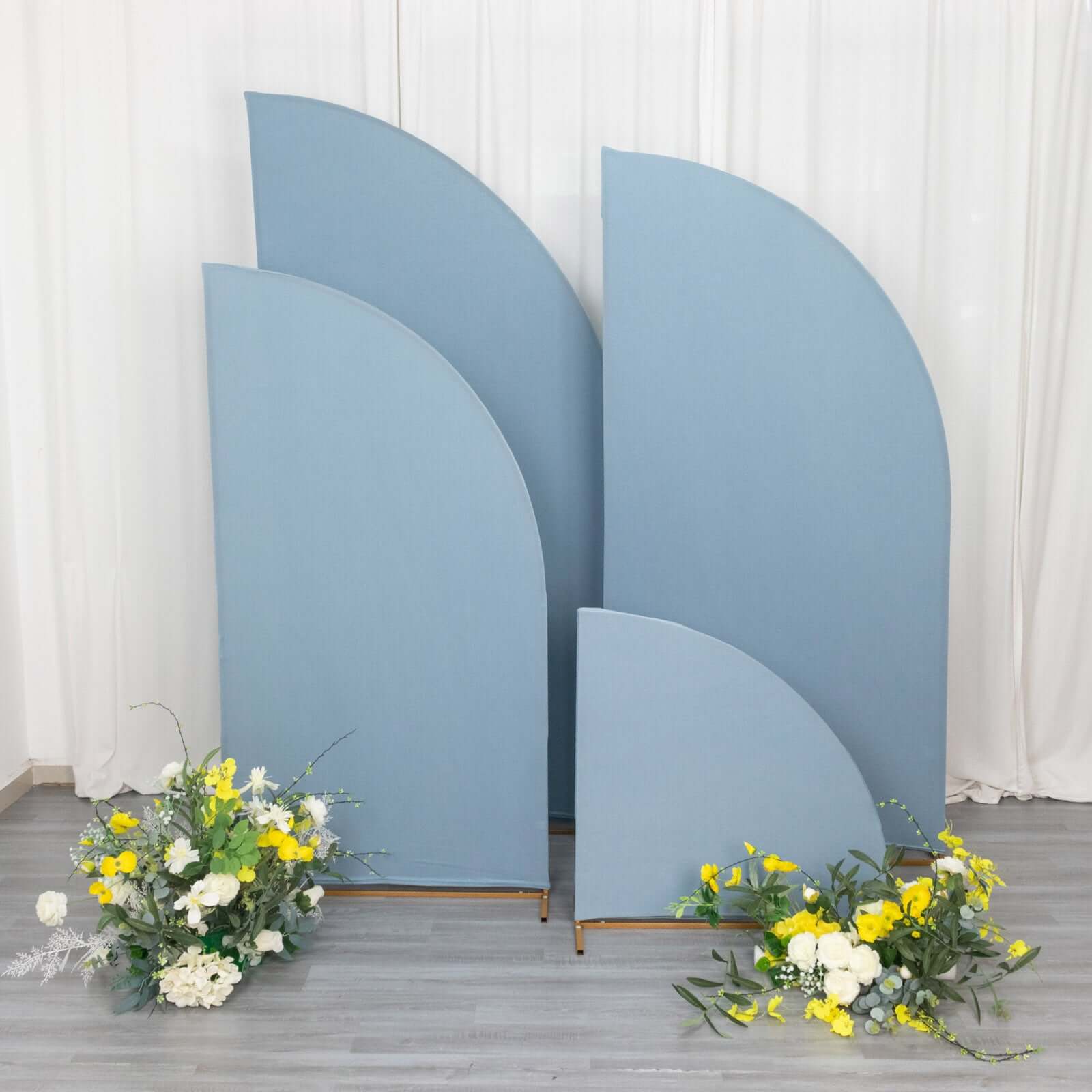 Customizable Set of 4 Matte Dusty Blue Spandex Half - Moon Wedding Arch Backdrop Covers in 4 Sizes