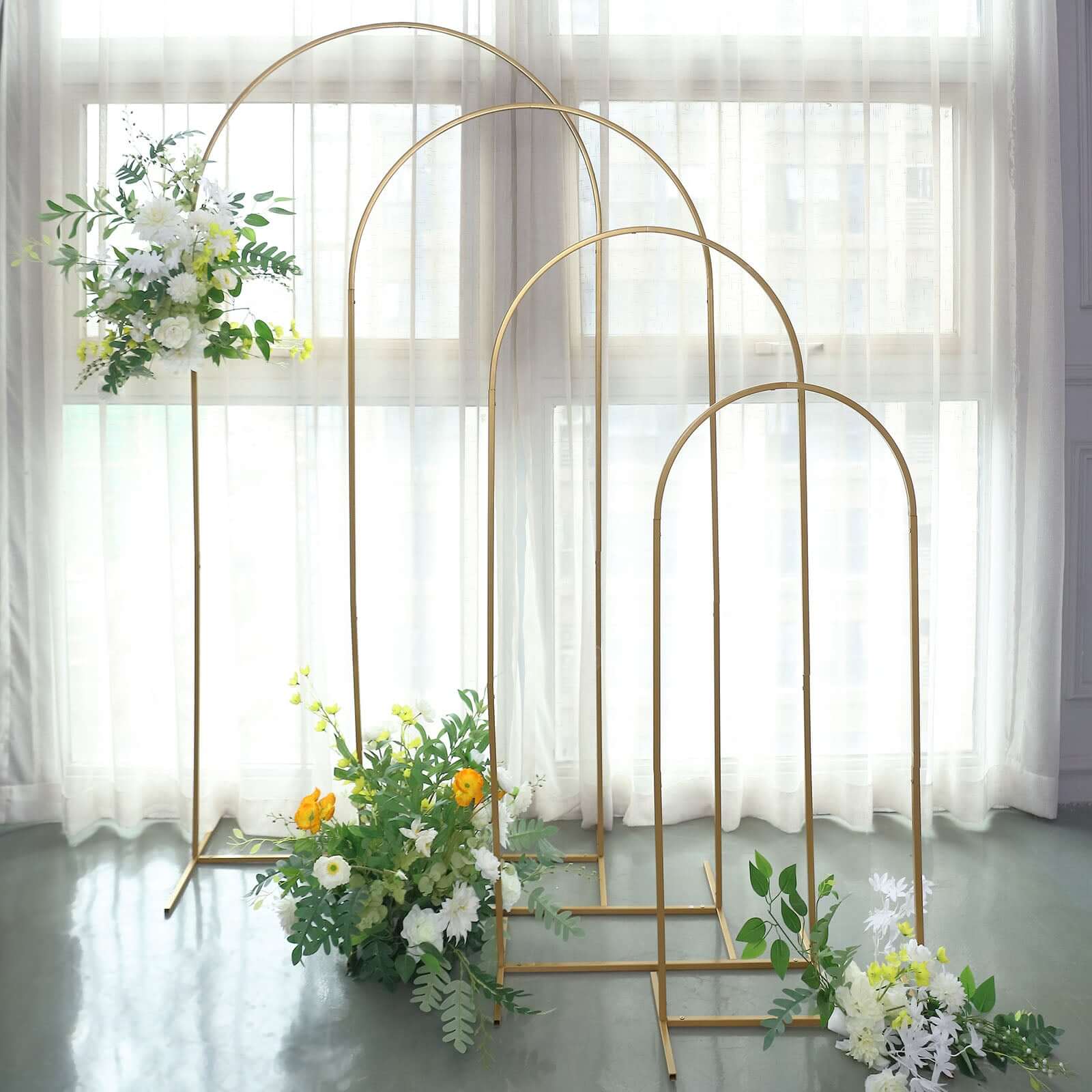 4-Piece Gold Metal Wedding Arch Backdrop Stand Set with Round Top for Floral Display