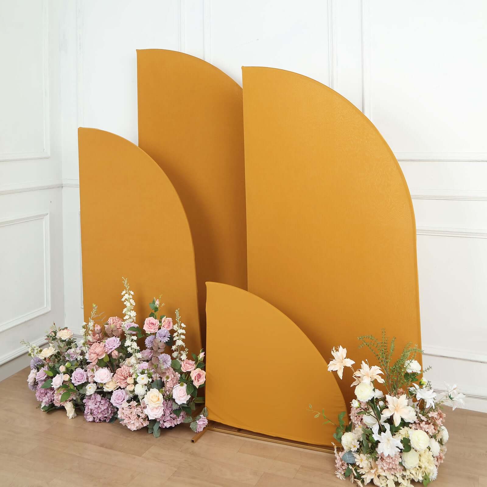 Custom-Fitted Set of 4 Matte Gold Spandex Half Moon Wedding Arch Backdrop Covers in 4 Sizes