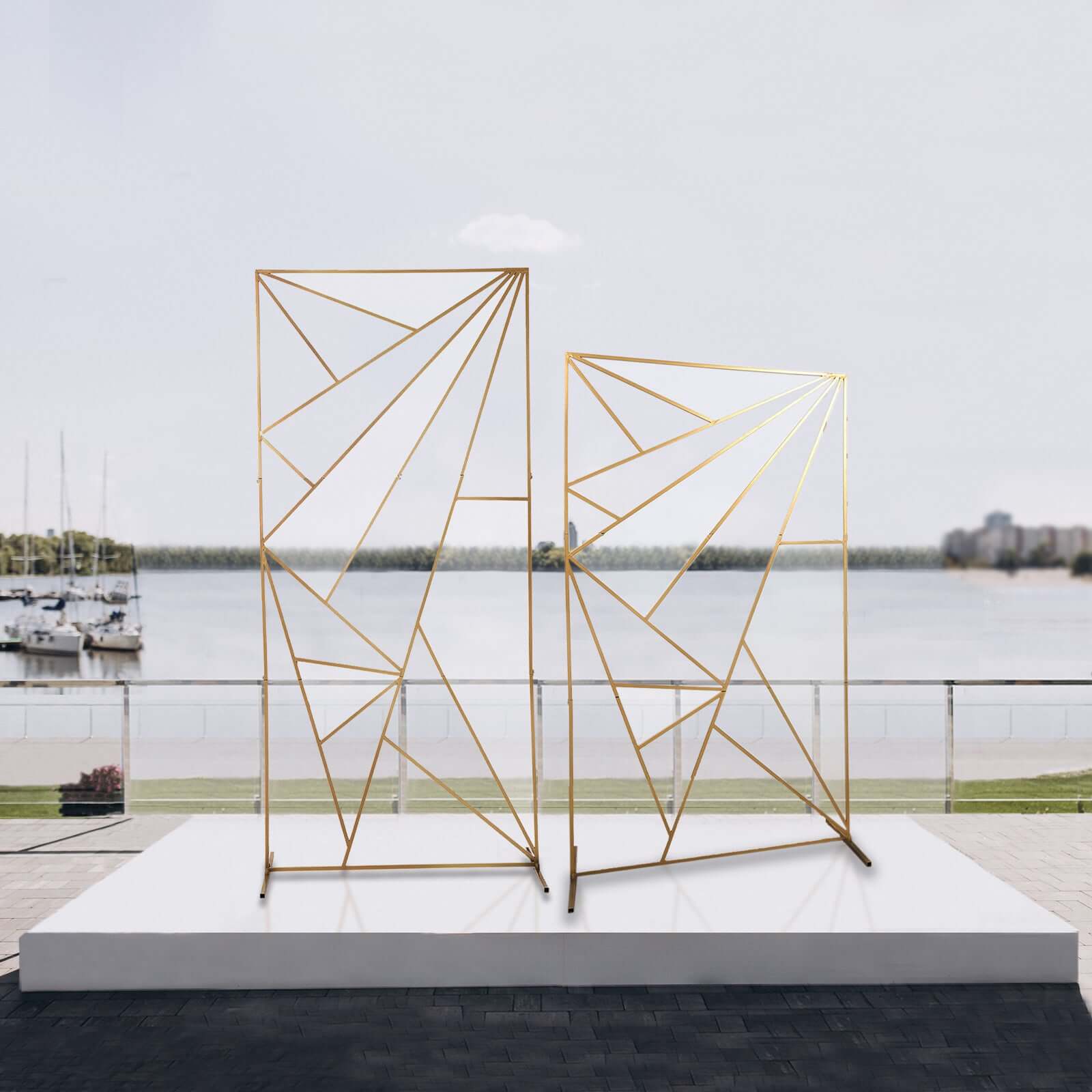 6ft Tall Gold Metal Rectangular Geometric Flower Frame for Wedding Backdrop with Cloudy Film Insert