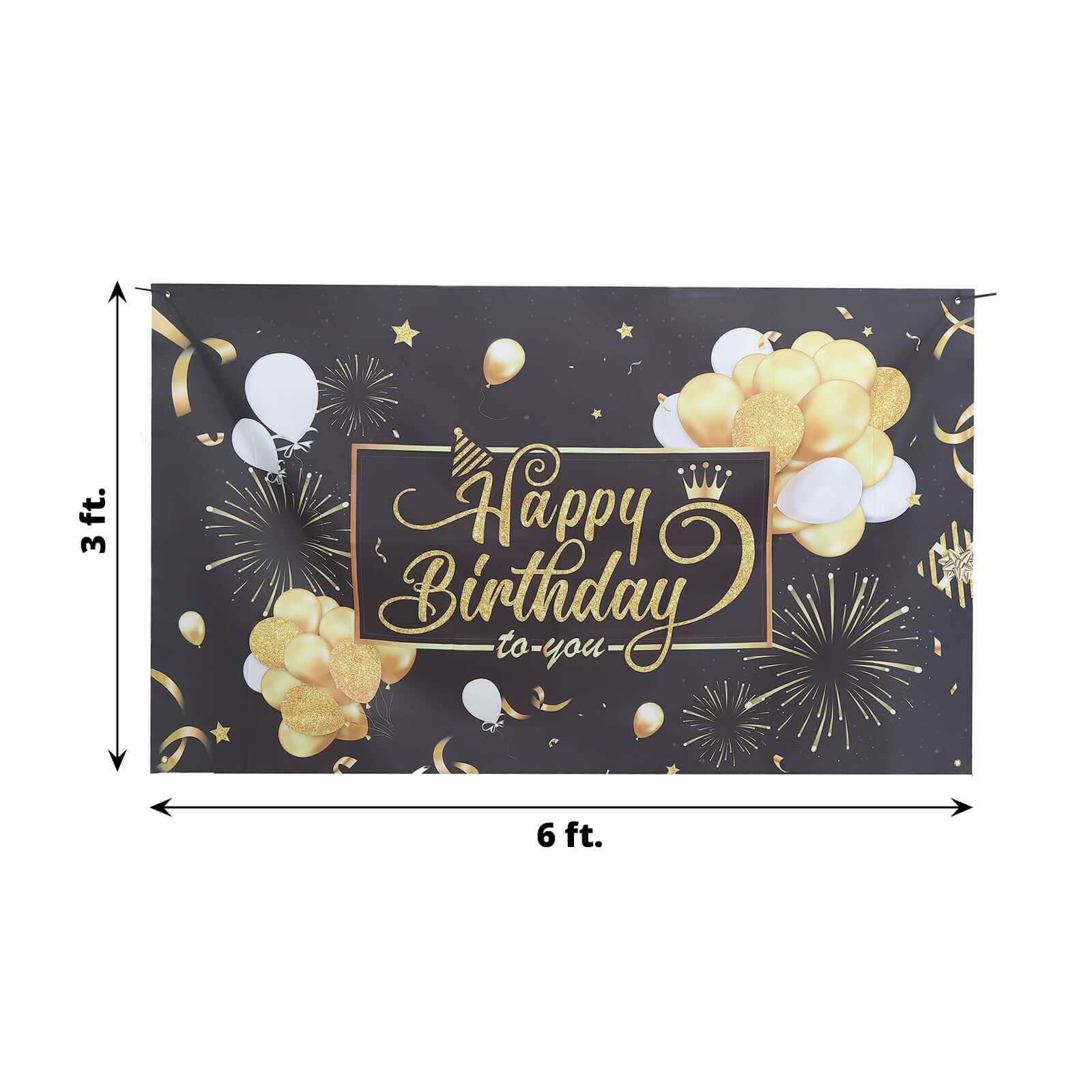 Hot Sale! 6ft x 3ft Black and Gold Polyester Happy Birthday Photo Booth Backdrop Decoration Banner
