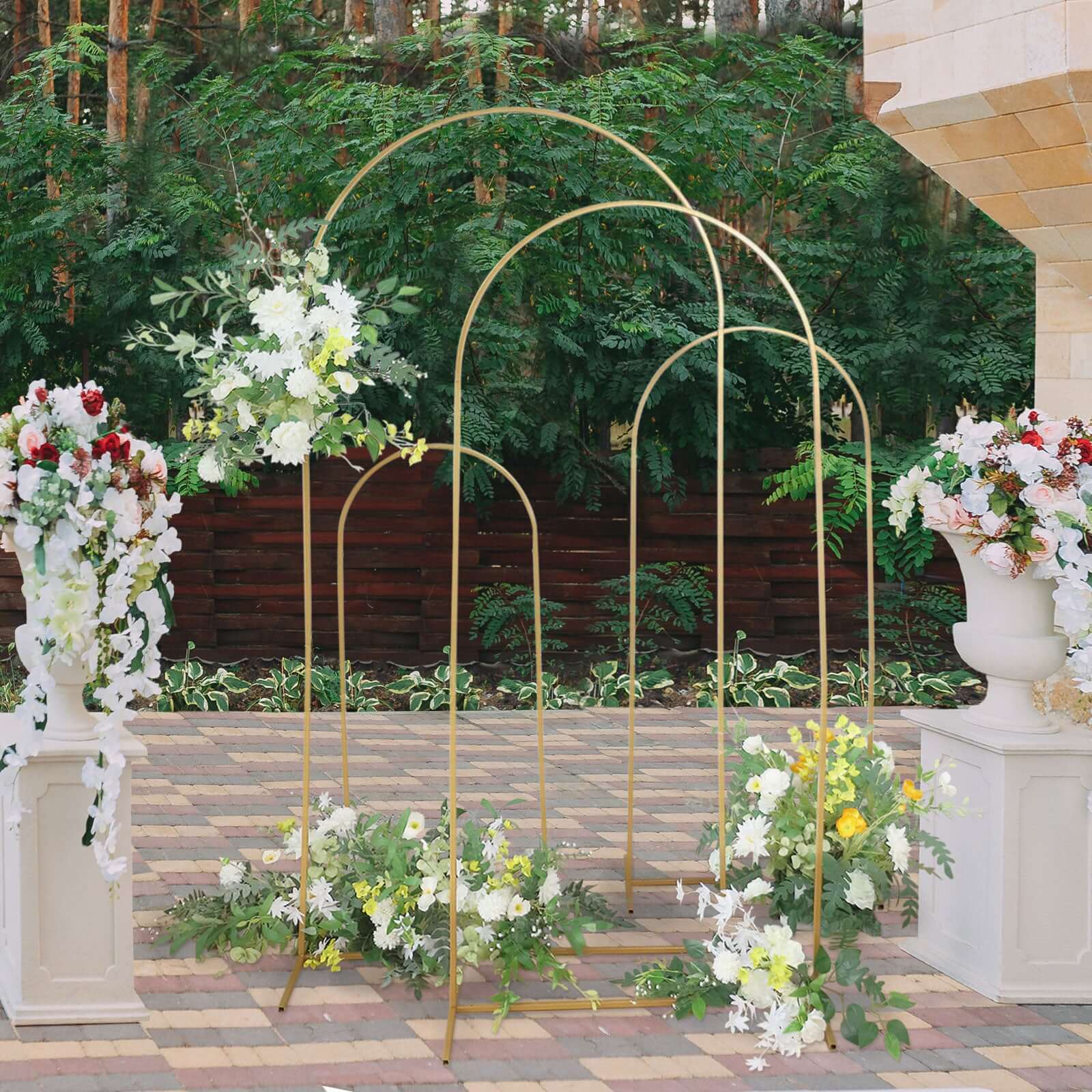 4-Piece Gold Metal Wedding Arch Backdrop Stand Set with Round Top for Floral Display