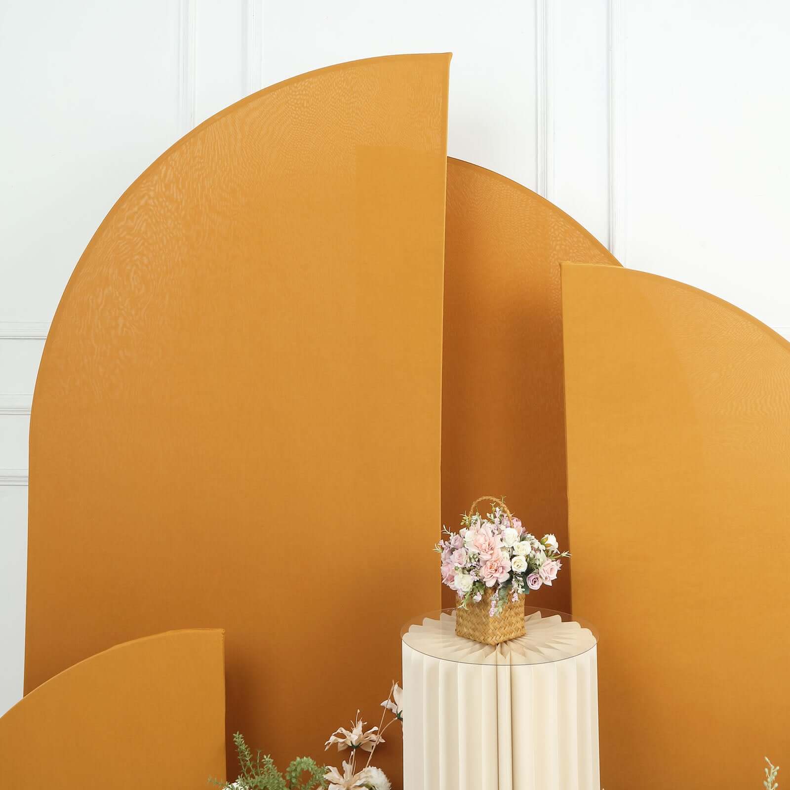 Custom-Fitted Set of 4 Matte Gold Spandex Half Moon Wedding Arch Backdrop Covers in 4 Sizes