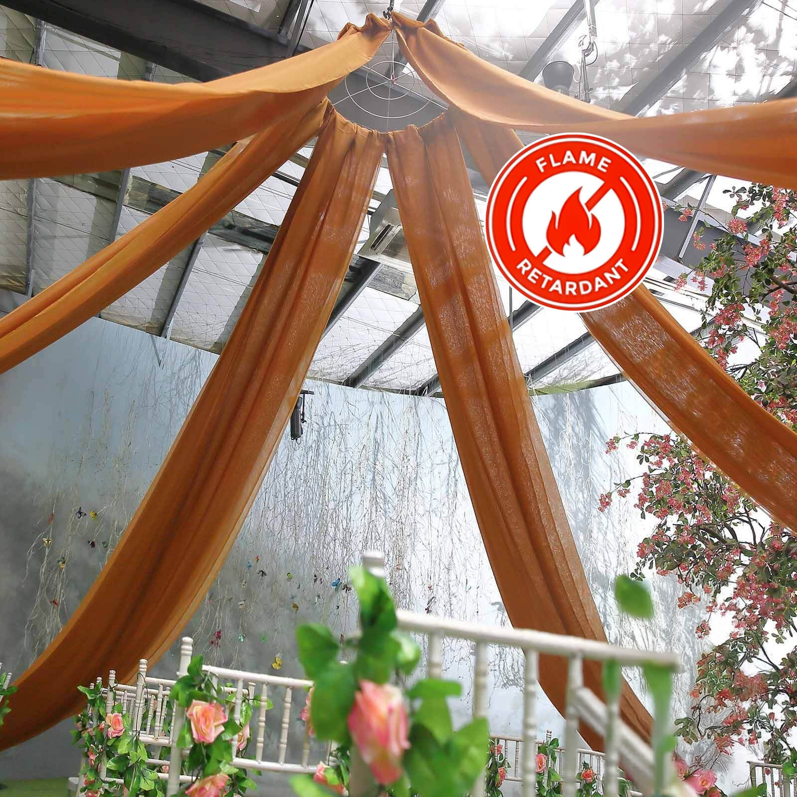Get Durable 10ft x 30ft Gold Flame - Resistant Ceiling Drape Panels