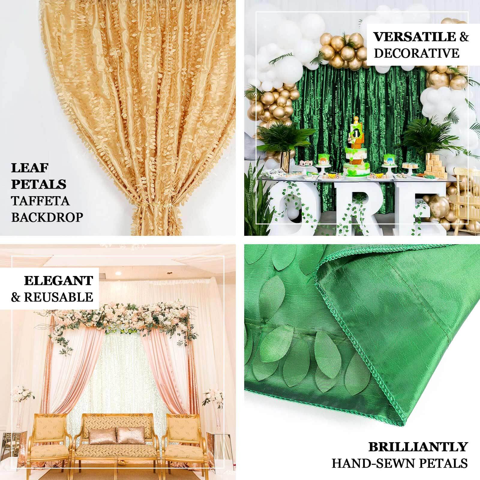 Exclusive 8ft x 8ft Green 3D Leaf Petal Taffeta Event Curtains with Rod Pocket for Backdrops