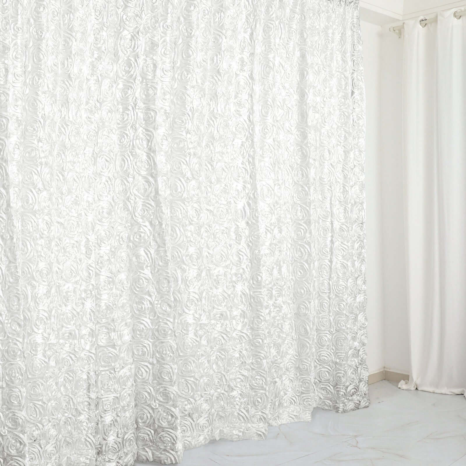 8ft by 8ft White Satin 3D Rosette Backdrop Curtain for Events
